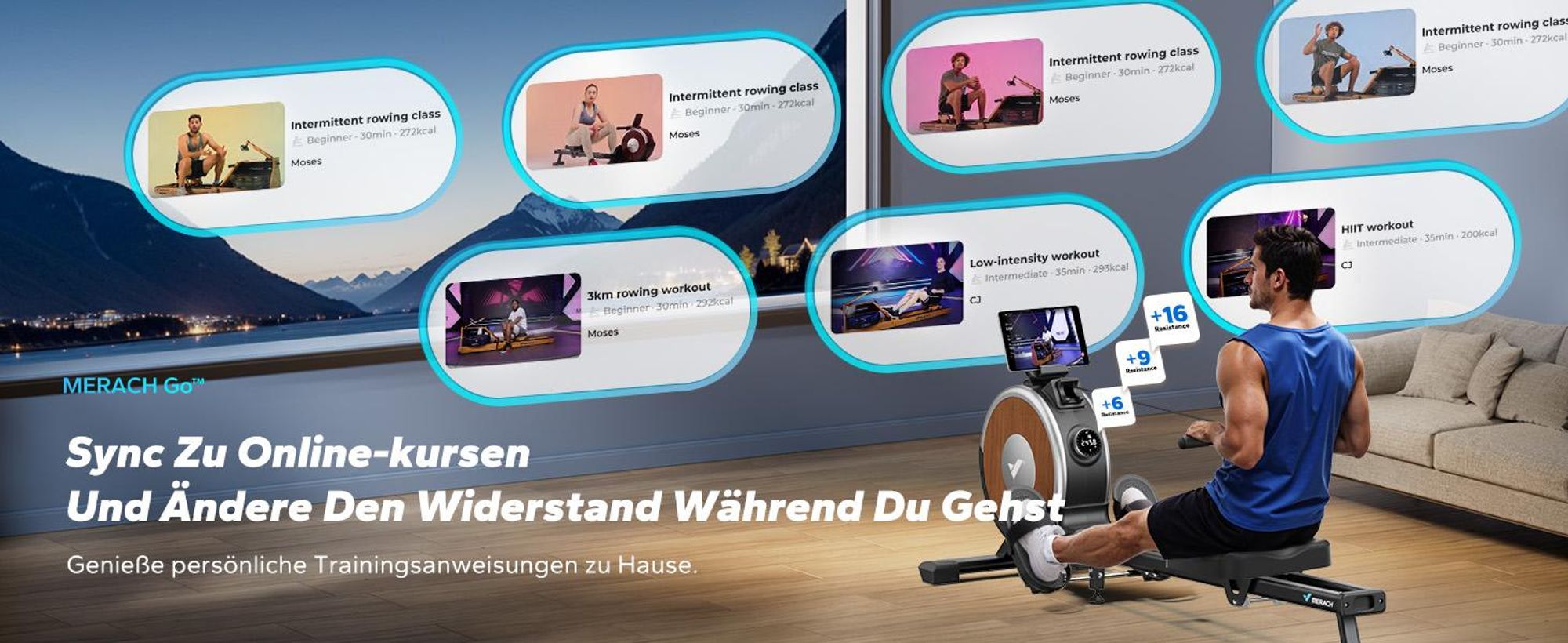 MERACH magnetisches Rudergerät – 16 Stufen Widerstand, Doppelschienen, Bluetooth-App (Kinomap), Tablet-Halter, leise, vertikal klappbar, bis 158 kg