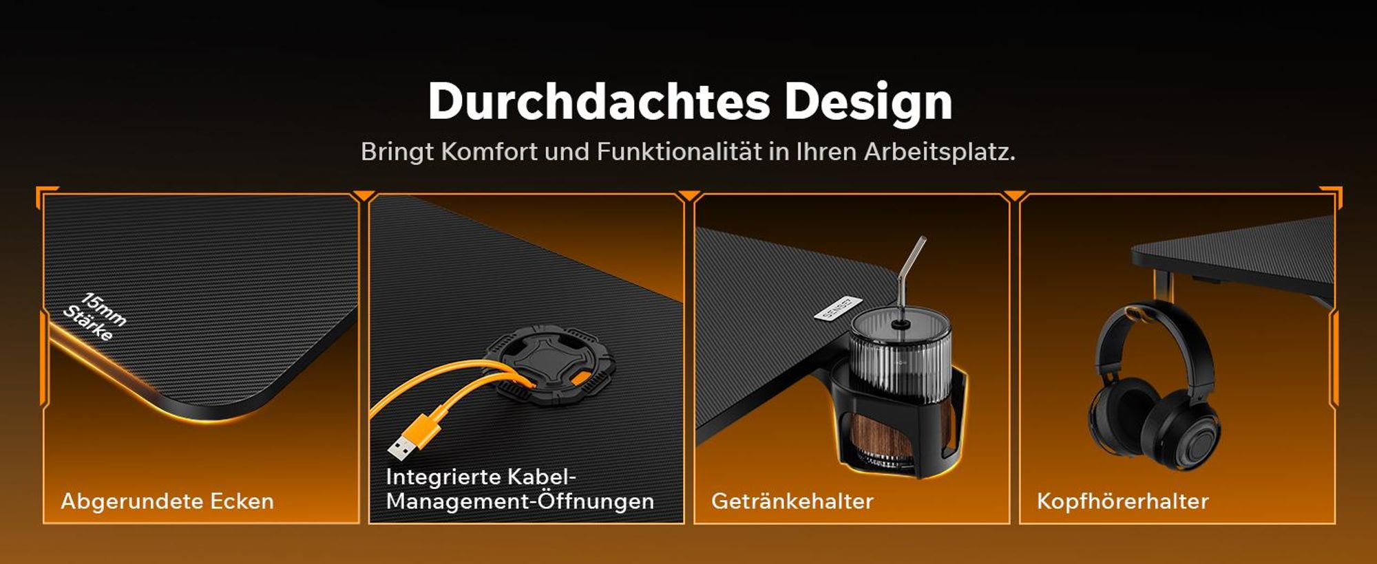 Sense7 VAMO Gaming Schreibtisch 140x70 cm Schwarz Computertisch PC Tisch Carbon Optik Z-Shape Gamer Tisch mit Getränkehalter Home Office Büro
