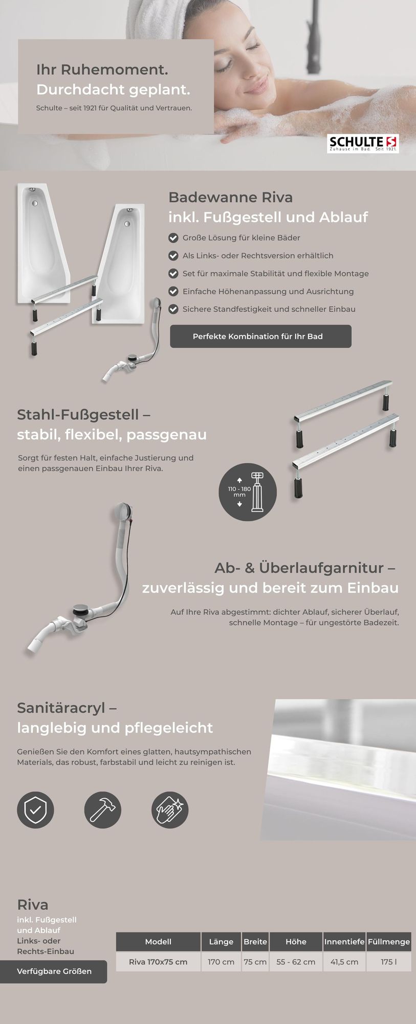 Schulte Raumsparbadewanne Modell Riva, Version rechts, 170x75 cm, Sanitäracryl Weiß, inkl. Fußgestell und Ab- und Überlauf