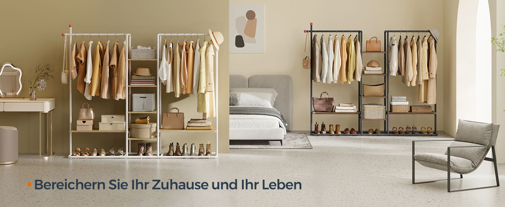 SONGMICS HOME Garderobenständer, offener Kleiderschrank, Kleiderständer, 6 Ablagen, 2 Kleiderstangen, Haken in Streichholz-Form, für Schlafzimmer