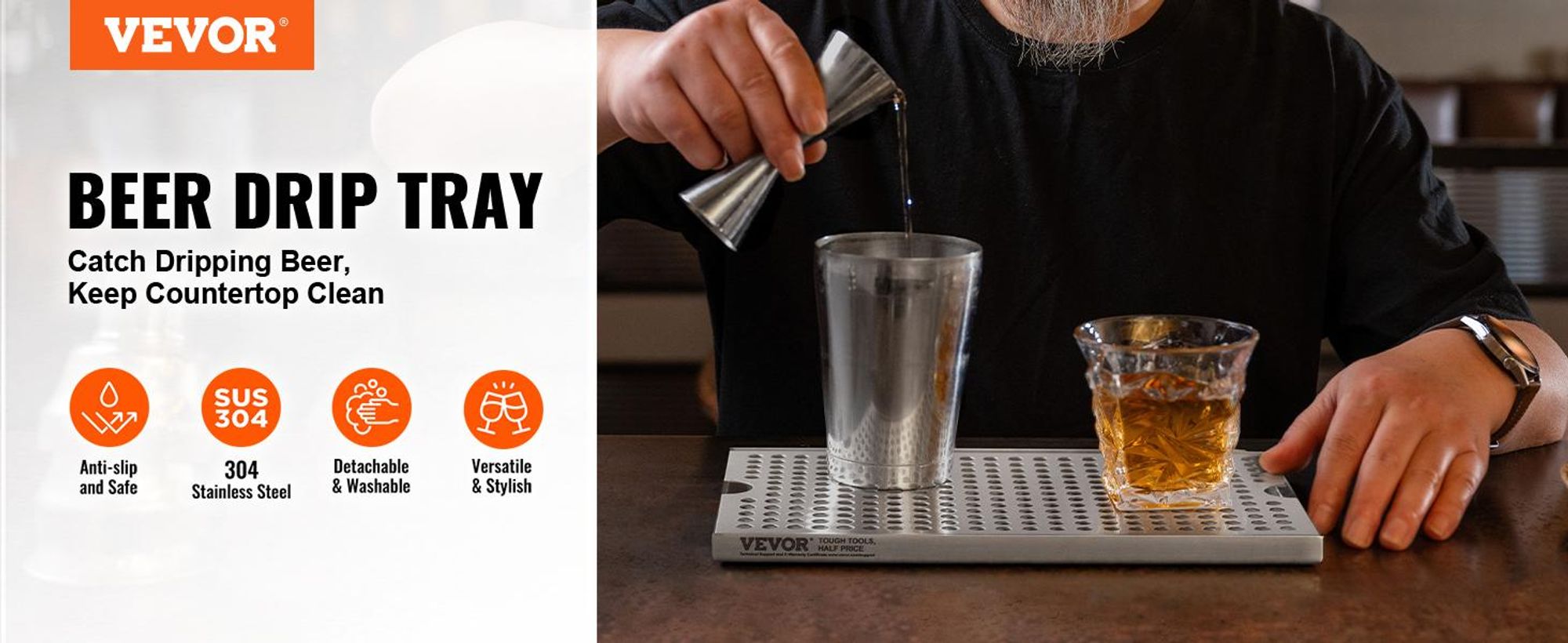 VEVOR 304  Edelstahl-Tropfschale, Bierabtropfschale mit 4 Rutschfesten Gummipads & Abnehmbarer Abdeckung, 300 x 180 x 25 mm Bar-Tropfschale Geeignet für Restaurants, Bars, Küchen, Café usw.