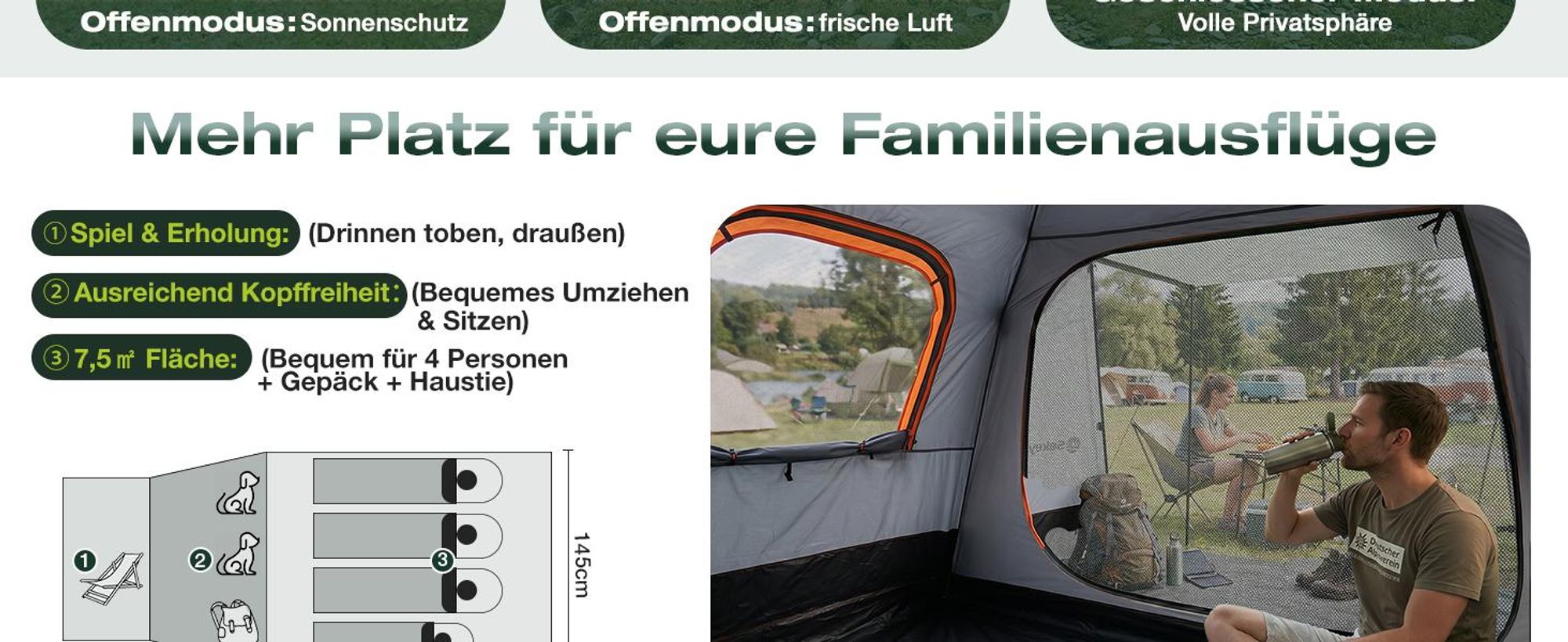 Sekey Kuppelzelt 4 Personen mit Vorzelt & Markise, Pop Up Campingzelt, Wasserdicht PU3000 mm, UPF 50+, Familienzelt