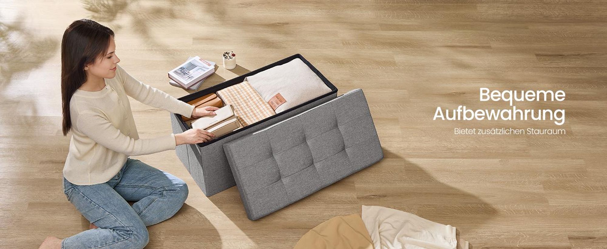 SONGMICS 76cm Sitzbank mit Stauraum, klappbare Sitztruhe, Fußbank, hellgrau