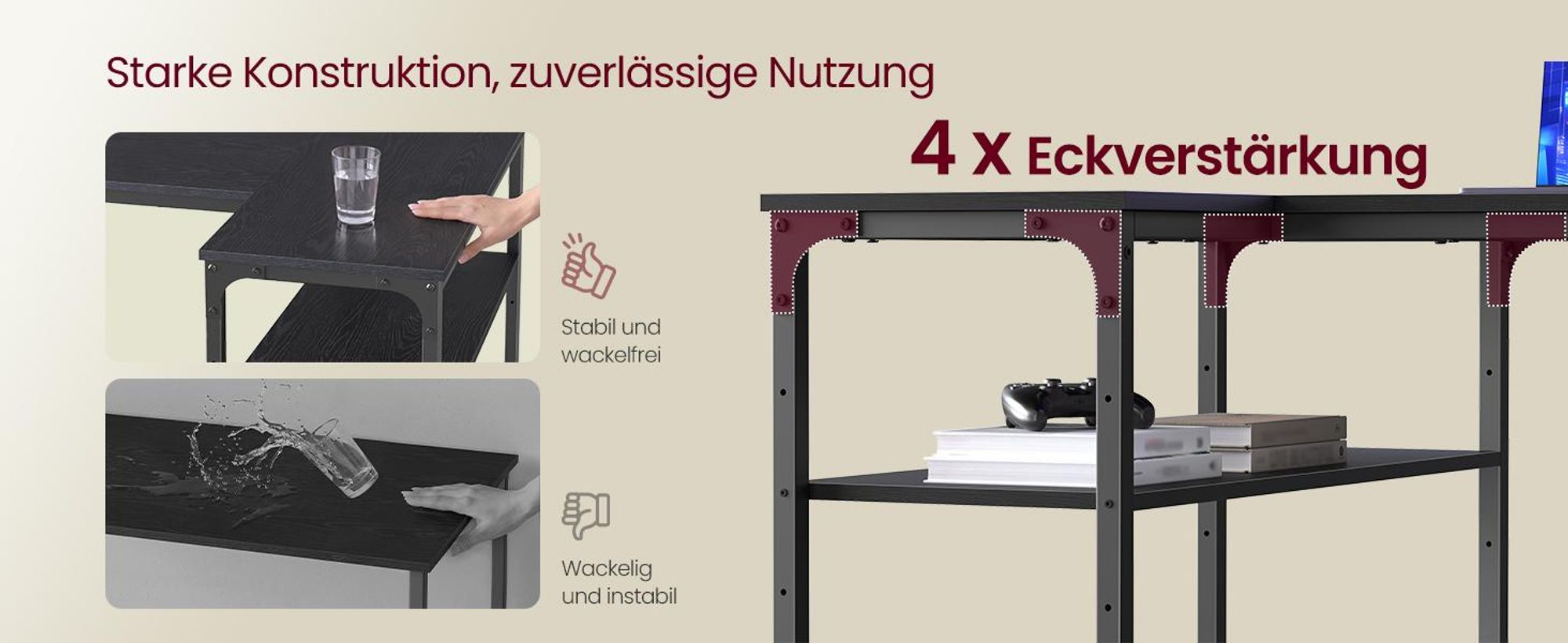 VASAGLE Schreibtisch mit Stauraum, L-Form Computertisch, höhenverstellbare Ablage, Büro, mit Ladestation, 120 x 80 cm, schwarz