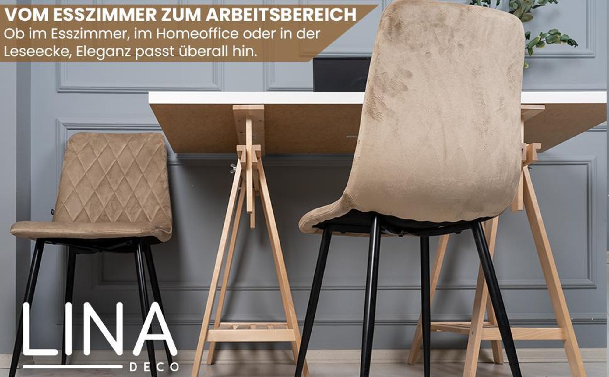 Lina® Elisia Esszimmerstuhl im modernen Design - Samt - Bequemer Stuhl für Ihr Esszimmer, hochwertiger Stoff, ergonomische Form - 2er Set - Beige