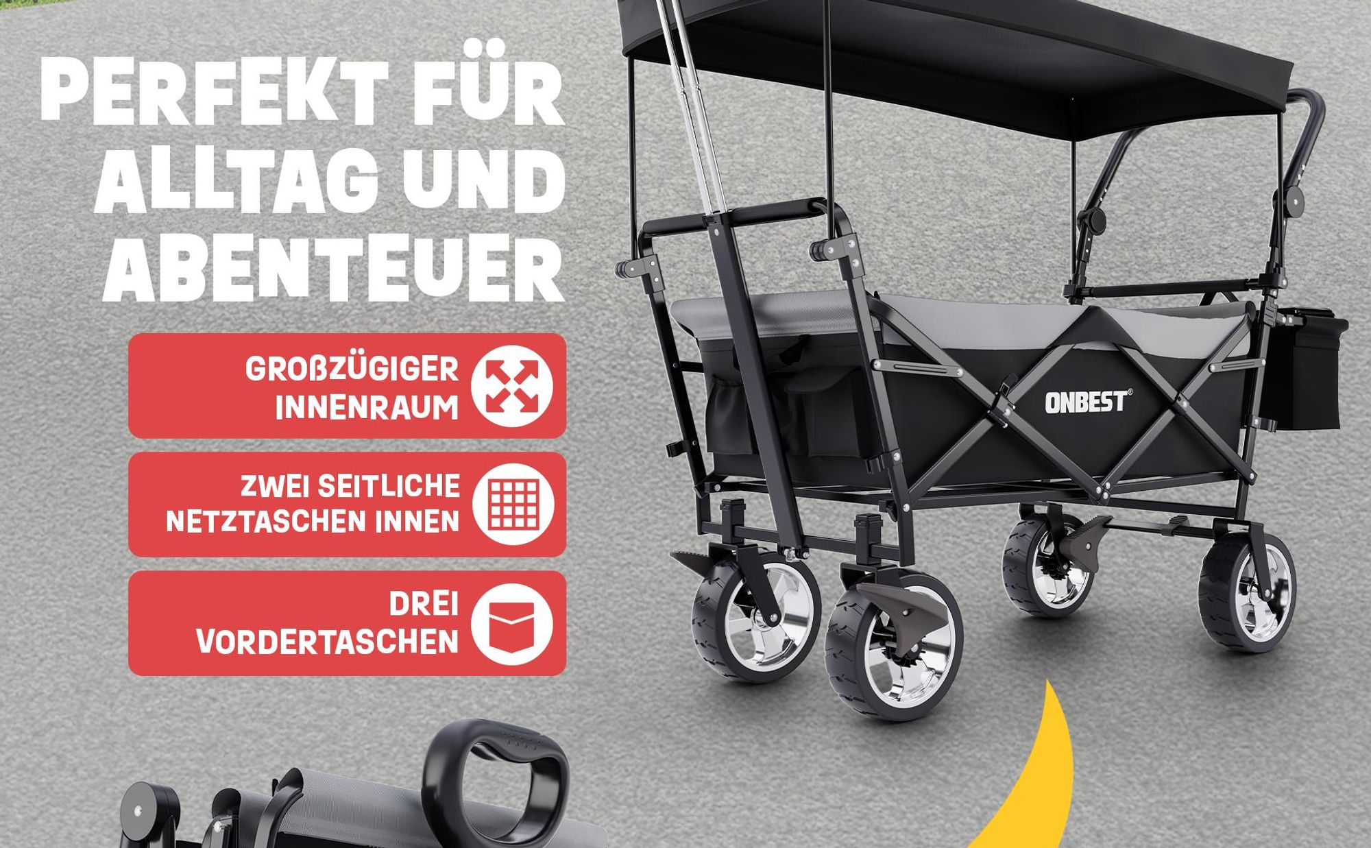 ONBEST Bollerwagen | faltbar | mit Dach | mit Regenschutz | 100 kg | Kühltasche | Wetterfest | UV30+