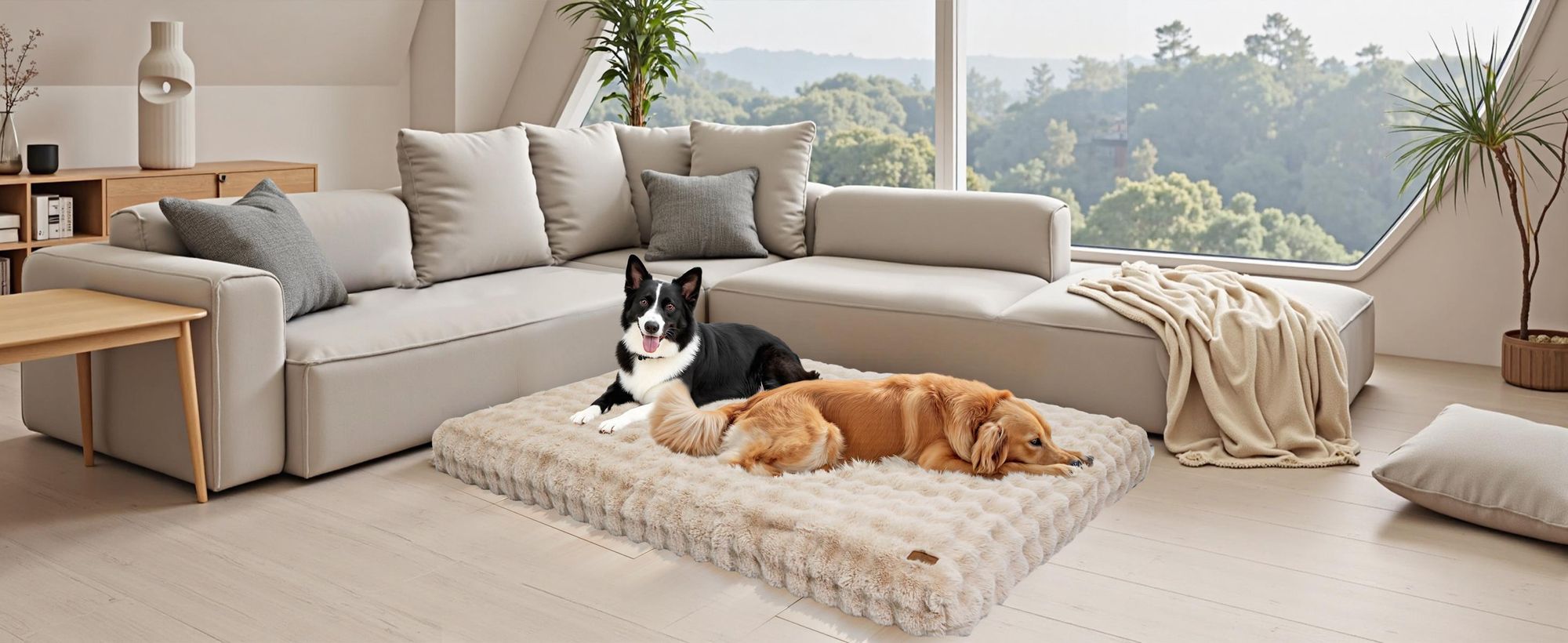 WISFOR Hundebett Hundesofa Hundecouch Hundekissen Plüsch, wasserfest waschbar Bezug abnehmbar L: 90 x 60 x 10 cm, Beige