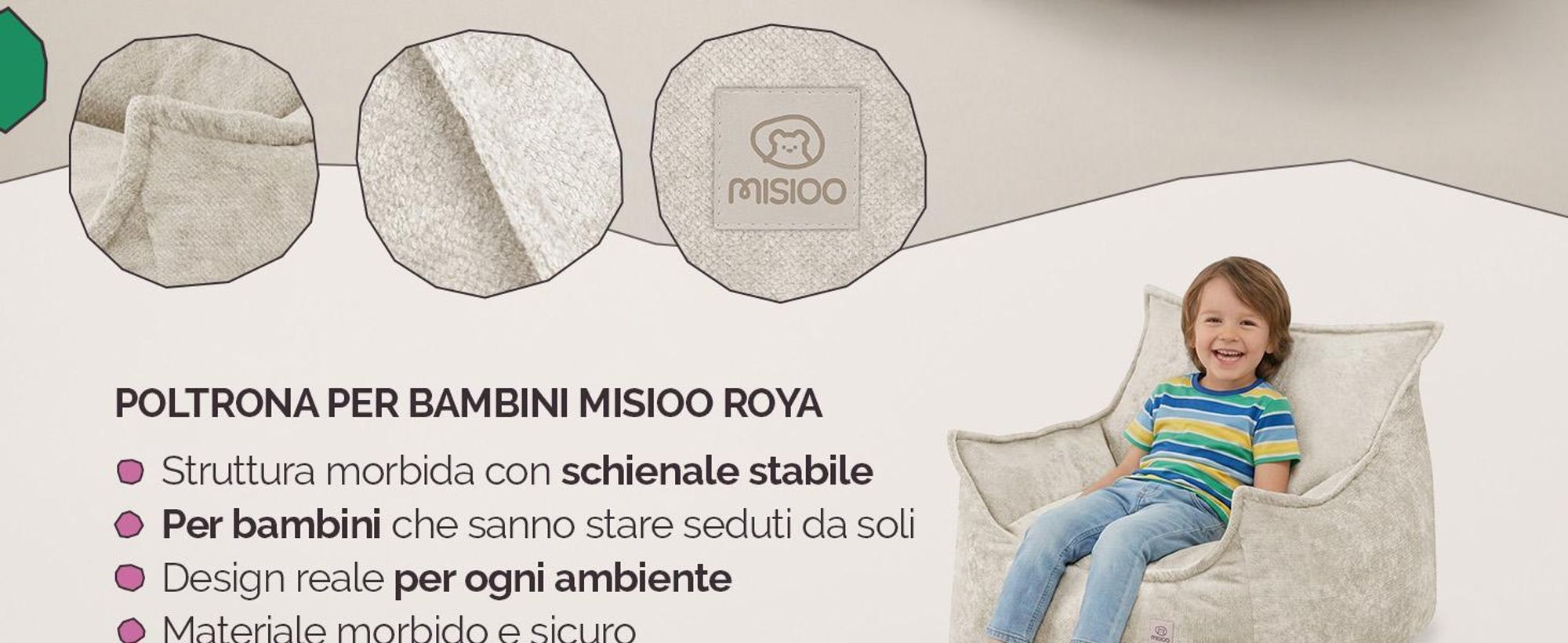 Poltrona per bambini MISIOO Roya Chenille – Poltrona per la cameretta dei bambini, morbido pouf per bambini, divano a sacco da pavimento, cernila di alta qualità, 80x73x58 cm