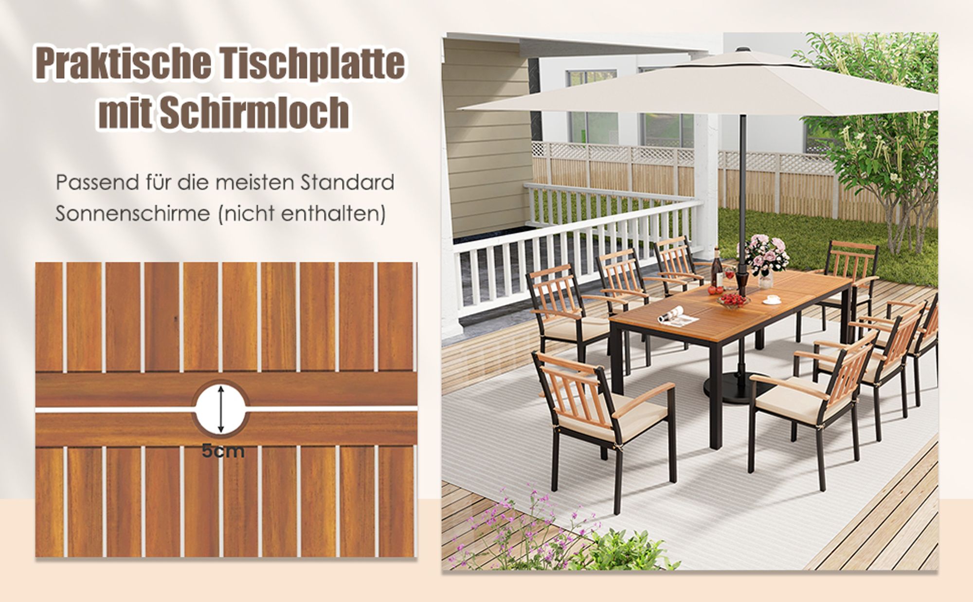 COSTWAY Gartentisch für 8 Personen Akazienholz, Garten Esstisch mit 5cm Schirmloch 200x90x75cm