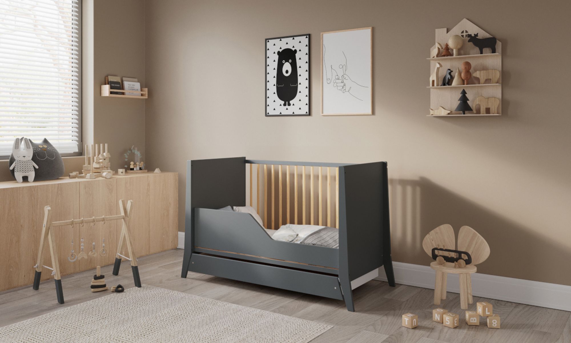 Kinderbett Cosmo 60x120cm mit Schublade und Umbaukit