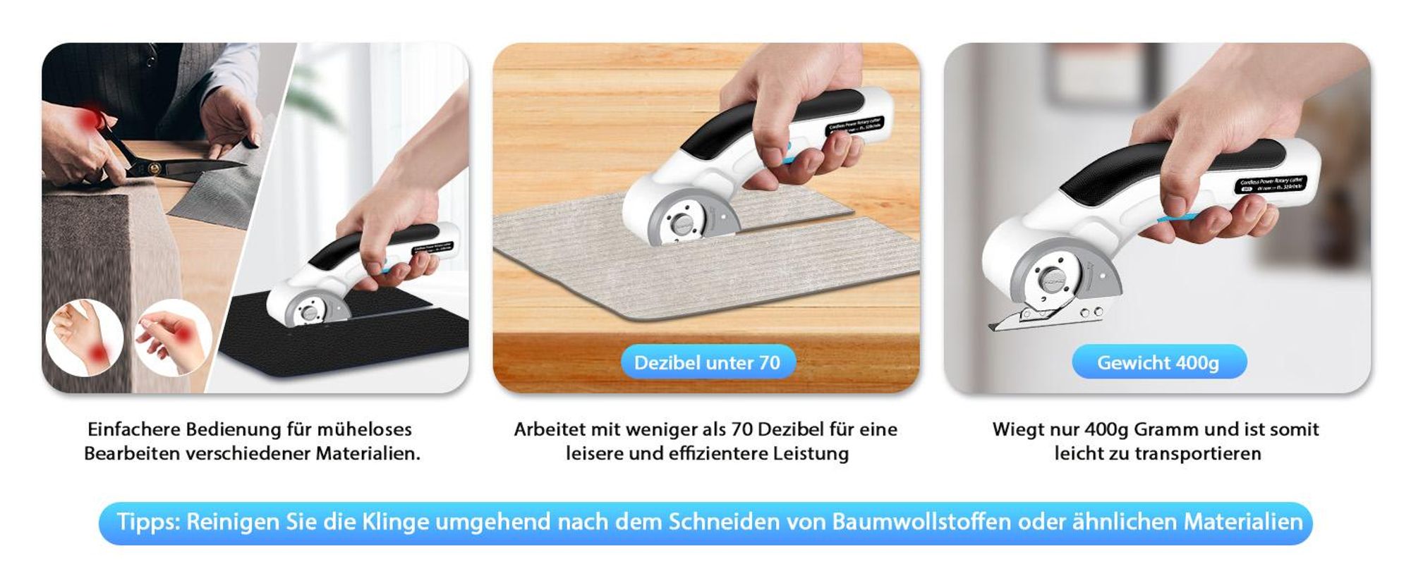 Akku Universalschneider, Elektrische Schere, Elektrischer Kartonschneider, 320rpm Kabellos Rollschneider, schneidet bis zu 9mm dick,mit 1 Ersatzklinge