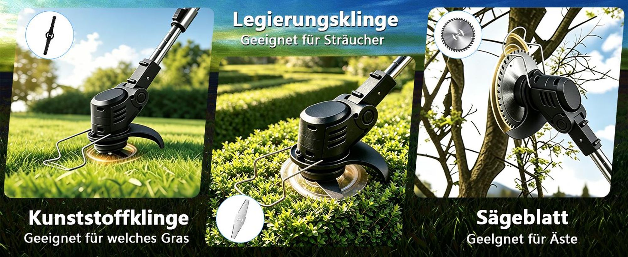 Akku-Rasentrimmer, elektrischer Rasenmäher, mit 2 Akkus und Ladegerät, 180° Schnittwinkel, Teleskopstiel und Zusatzgriff