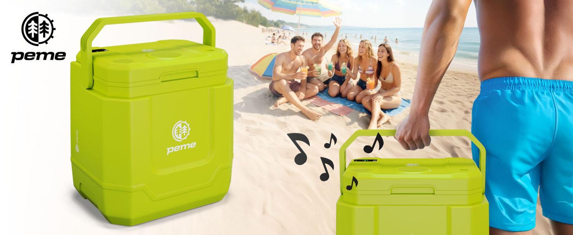 Peme Elektrische Kühlbox Trip Neon - Auto Camping Kühlschrank Bluetooth Lautsprecher leise Wärmebox Minikühlschrank Reise PKW LKW Zelt USB Car fridge