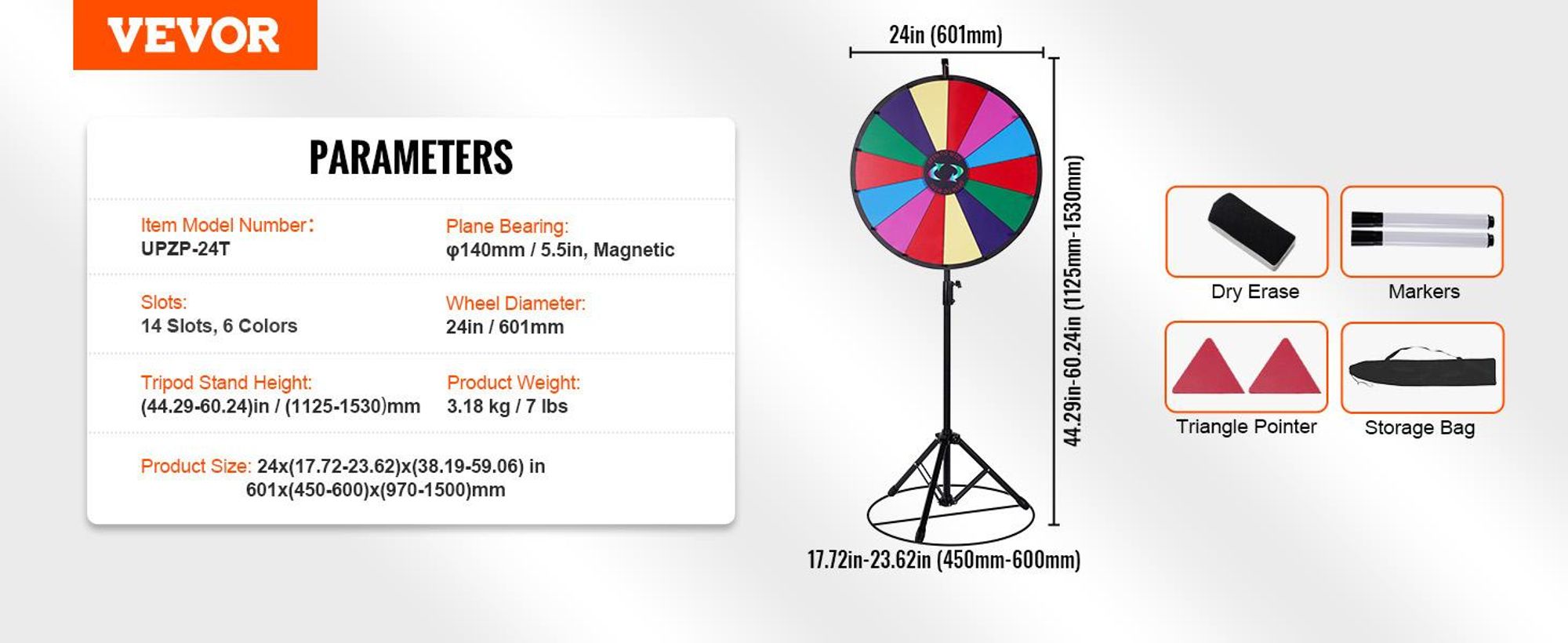 VEVOR 61 cm Glücksrad 4,3 kg aus Metallstativ verfügt über einen flexiblen Stativ zur Höhenverstellung, 14 Anpassbare Farbpreisplätze, personalisierte Anpassung, den gewünschten Text selbst hinfügen
