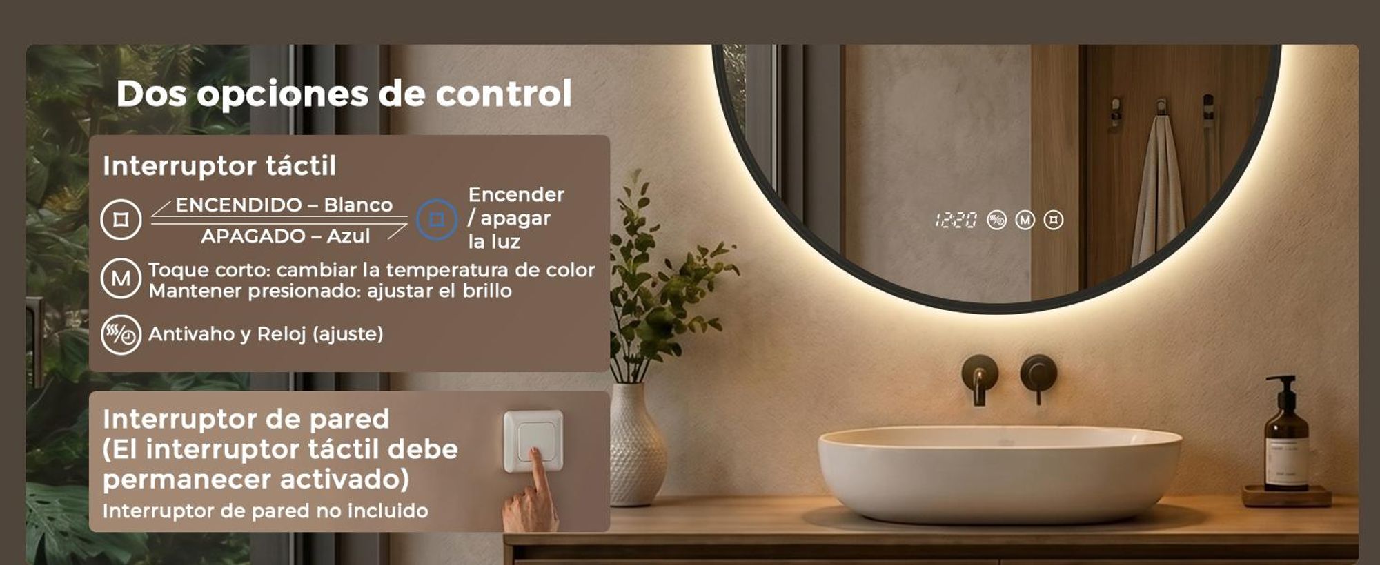 S'AFIELINA Espejo Baño LED Redondo 60 cm con Luz, Marco Dorado, Aleación de aluminio, 3 colores de luz, regulable, antivaho, reloj y temperatura