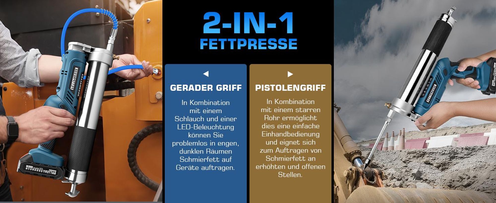 Akku Fettpresse 2-in-1 Elektrische Schmierpistole 12000 PSI mit 2 Akkus, 3 Düsen, Bürstenloser Motor, 100cm Flexschlauch, LED-Licht, 600g Kapazität