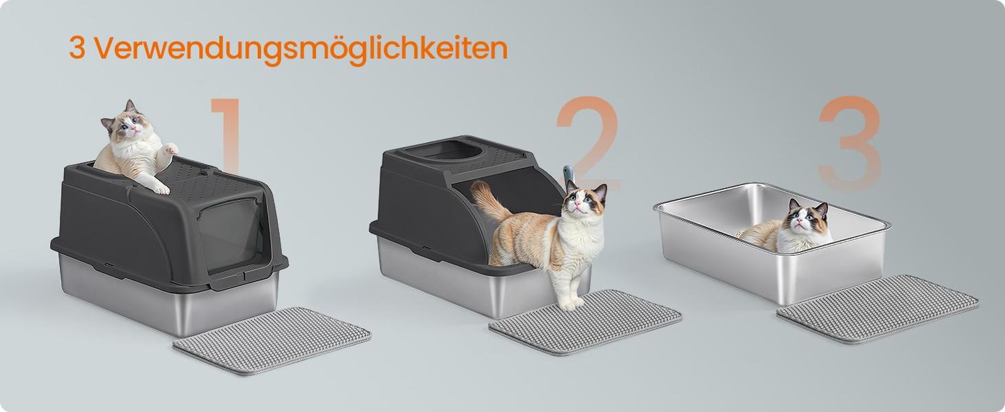 Feandrea Katzenklo Edelstahl, XL, Katzentoilette mit Deckel, mit Schaufel, Bürste und 2 Eingängen, für Katzen bis 15 kg, tintenschwarz