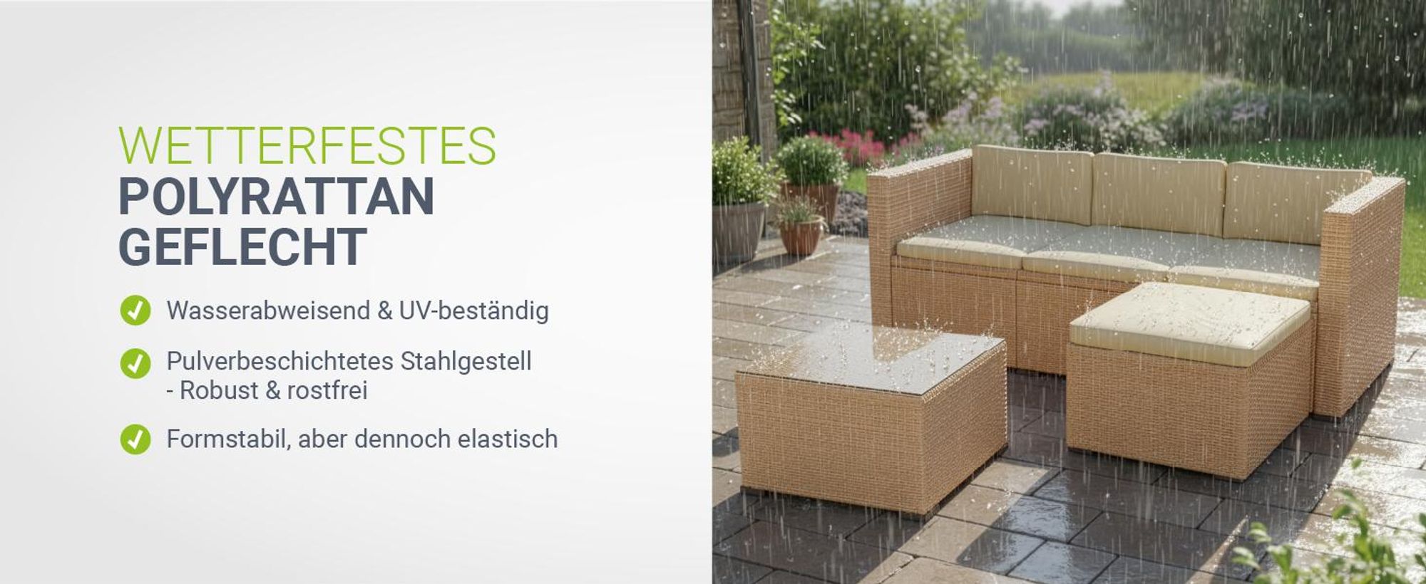 Juskys Polyrattan Lounge Punta Cana M schwarz – Gartenlounge Set für 3-4 Personen – Sitzgruppe mit Sofa, Tisch & Hocker - Sitzbezüge in Creme
