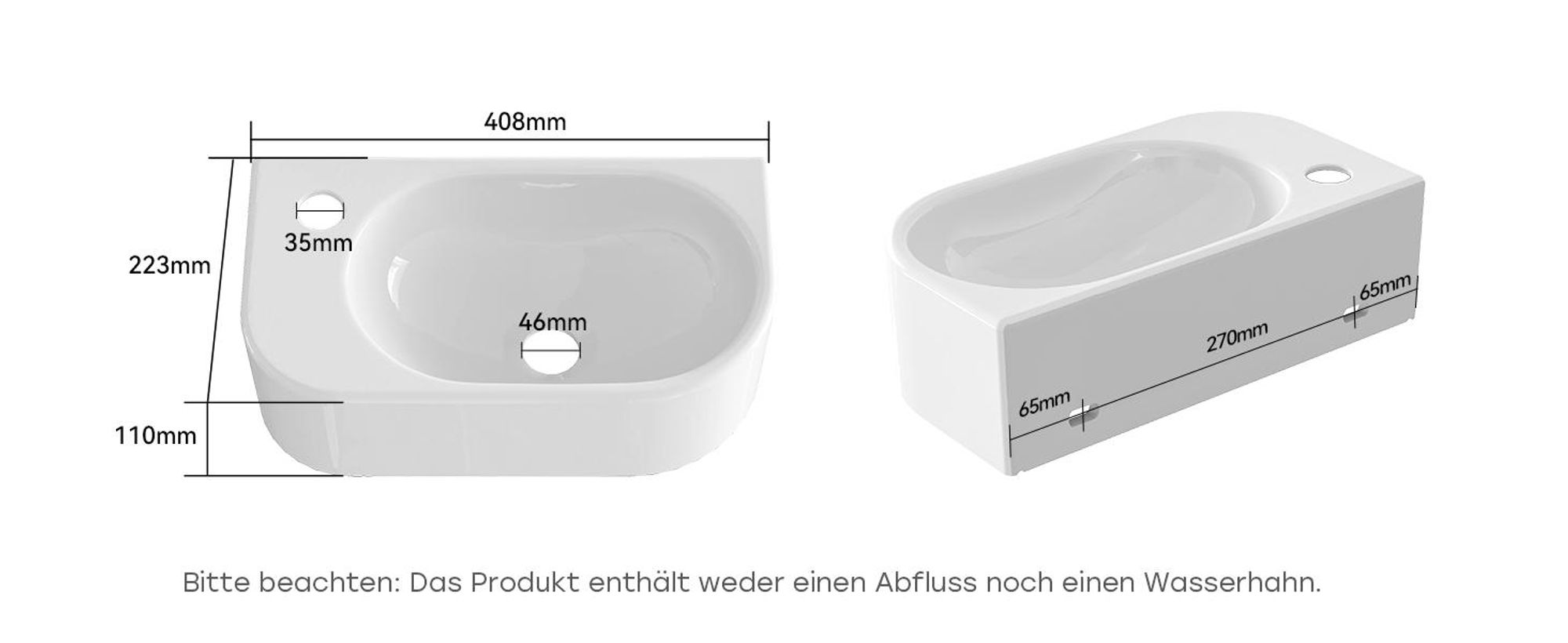 HOROW Hänge Waschbecken Aufsatzwaschbecken Wandmontage Handwaschbecken Waschschale mit Hahnloch, ohne Überlauf, Hahnloch Links