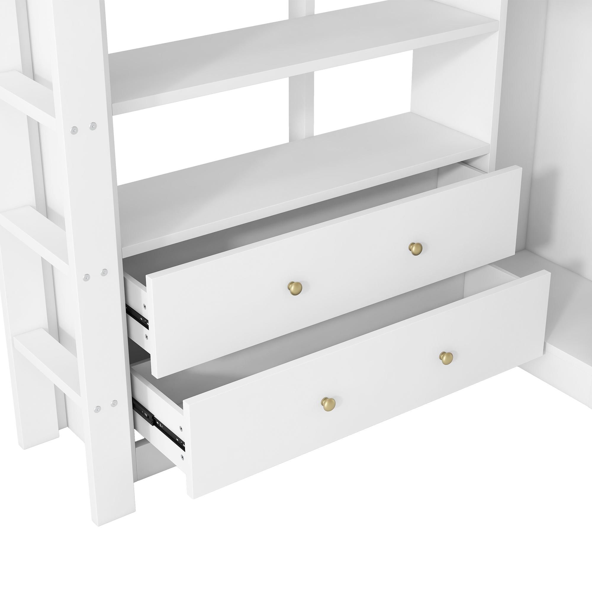 Flieks Etagenbett 140x200cm mit Kleiderschrank und Stange, Hochbett Kinderbett mit Led und Ladefunktion, Jugendbett mit Schreibtisch und Schrank, Weiß