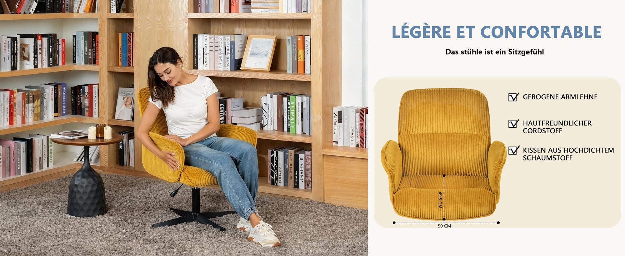Meubles Cosy Ergonomischer verstellbarer Drehstuhl mit Armlehnen aus gelbem Cord – THOMASINA