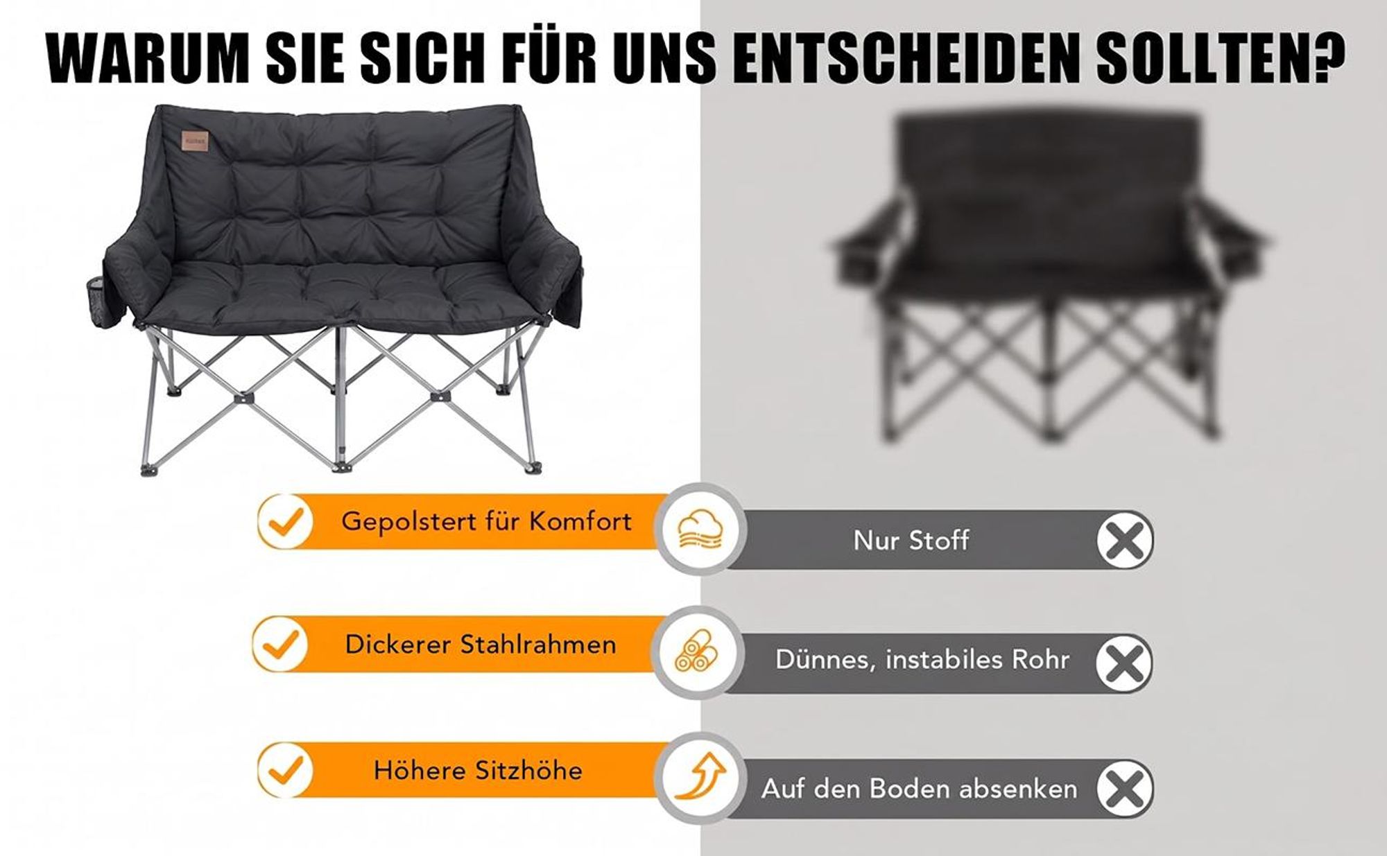 Kehot Klappbare Outdoor-Couch, Doppelsitzer mit Tragetasche, 600D Oxford, bis240 kg