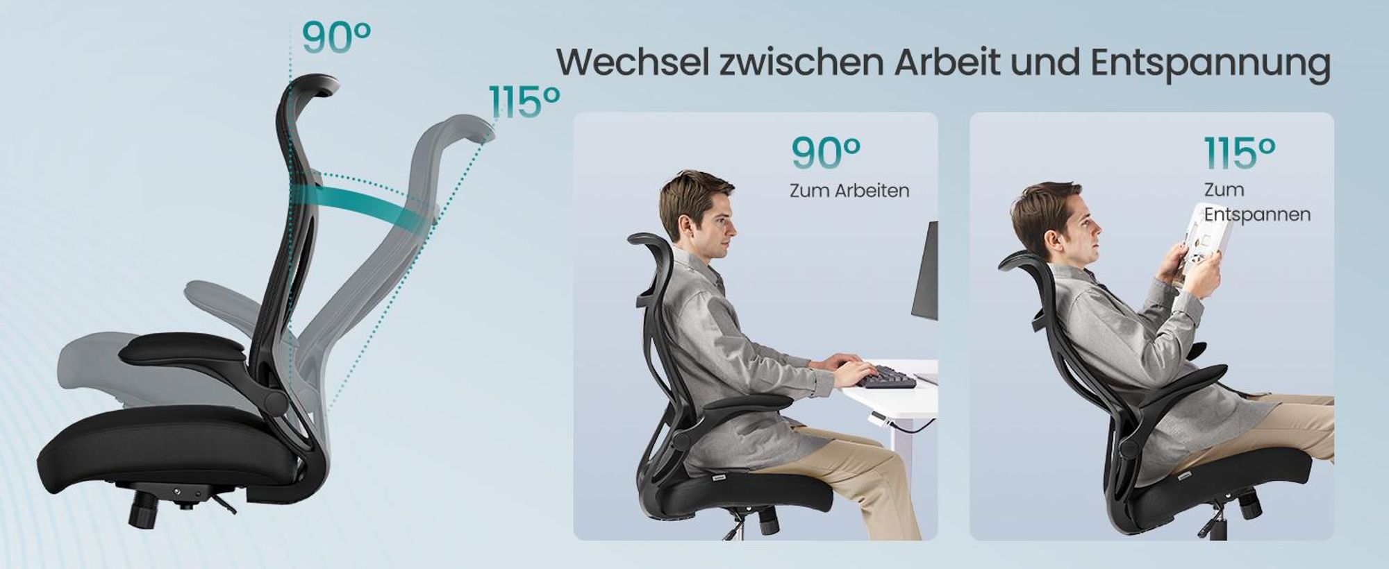 SONGMICS  Schreibtischstuhl, ergonomische Rückenlehne, hochklappbare Armlehnen, tintenschwarz