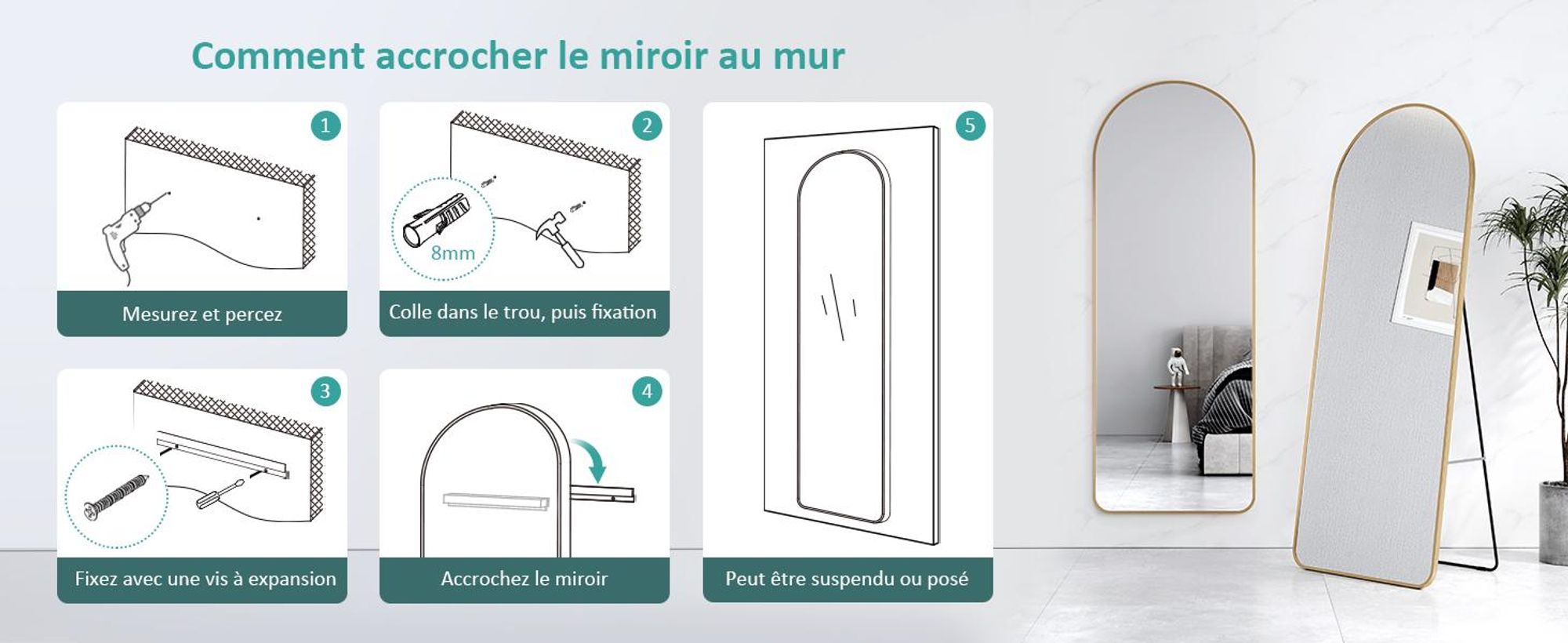 EMKE Miroir sur pied 160x60cm Miroir corps entier or Cadre aluminium Miroir bombé Miroir d'habillage avec film à fenêtre anti-explosion