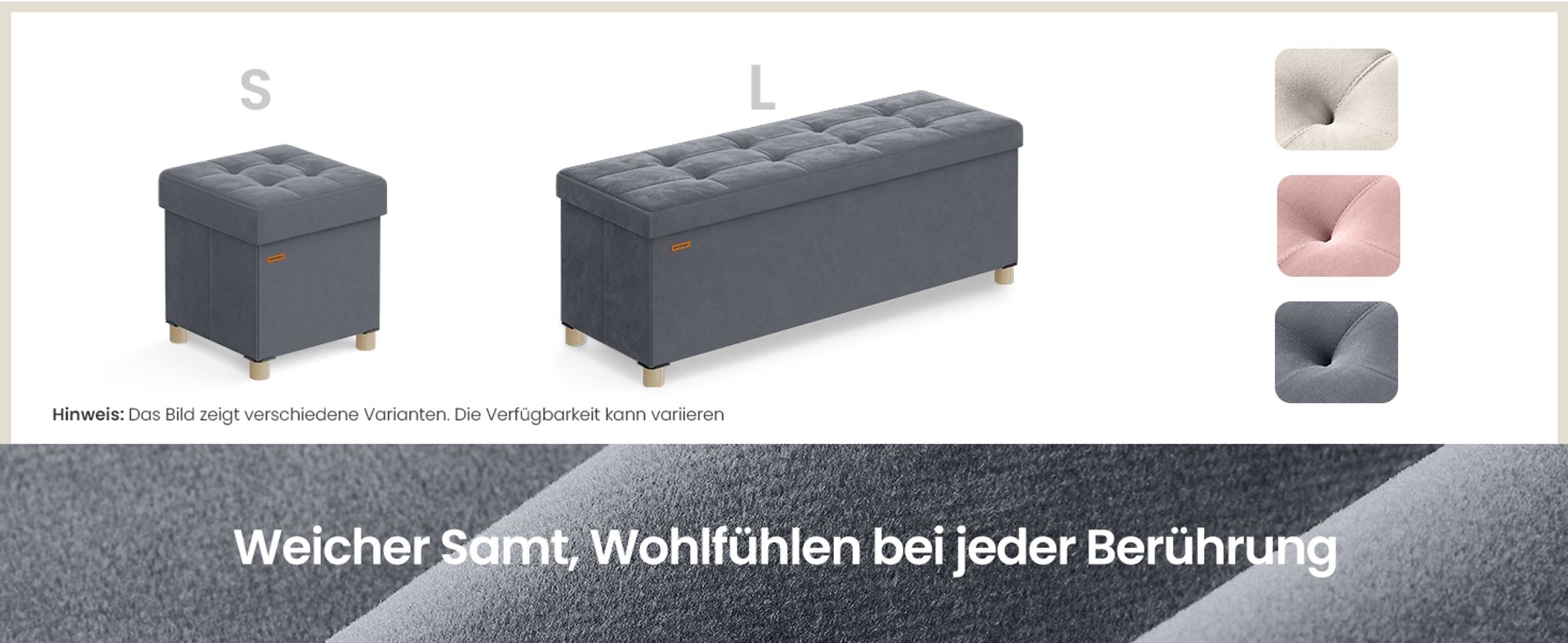 SONGMICS Sitzbank mit Stauraum, Hocker faltbar, 38 x 110 x 40 cm, Aufbewahrungsbox mit Deckel, Fußhocker 112 L, Samt, bis 300 kg belastbar