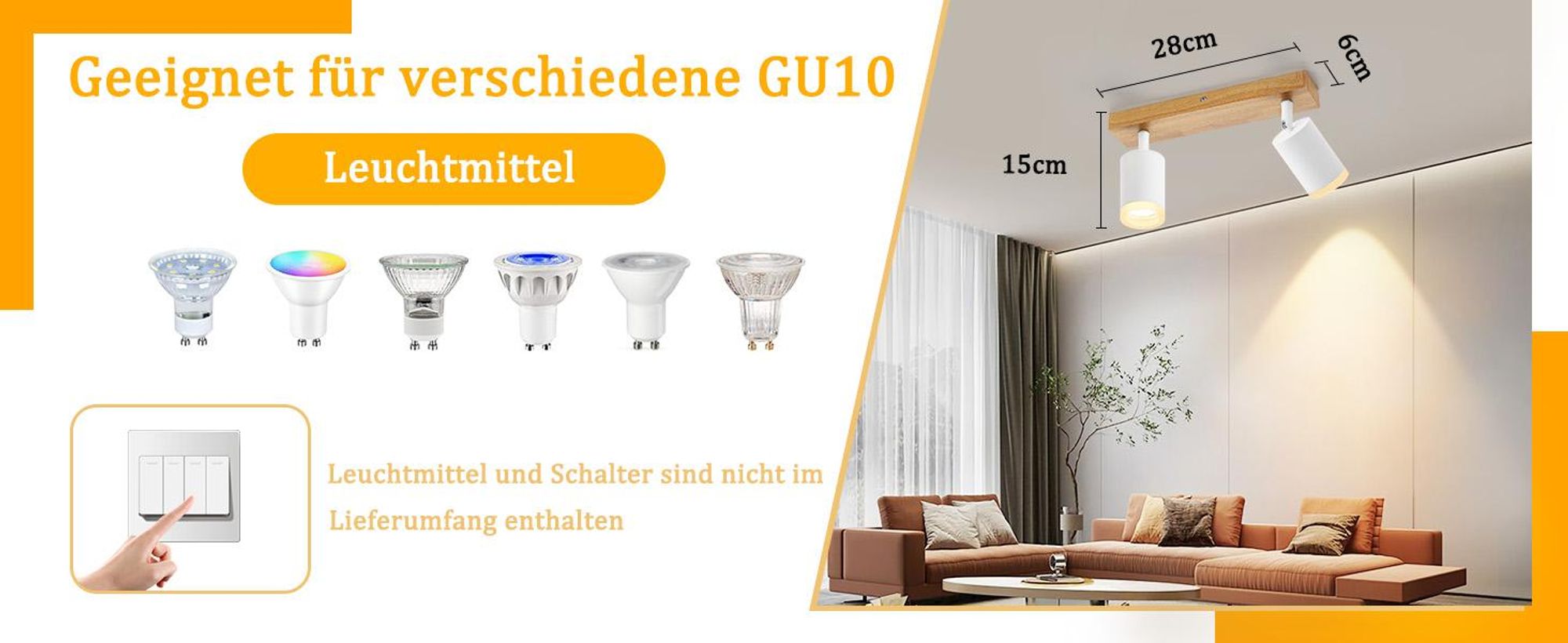 ZMH Deckenstrahler 2 Flammig Weiss Küchenlampe Holz GU10 Wandstrahler 350°Drehbar Vintage Flur Strahler Industrial Retro Ohne Leuchtmittel