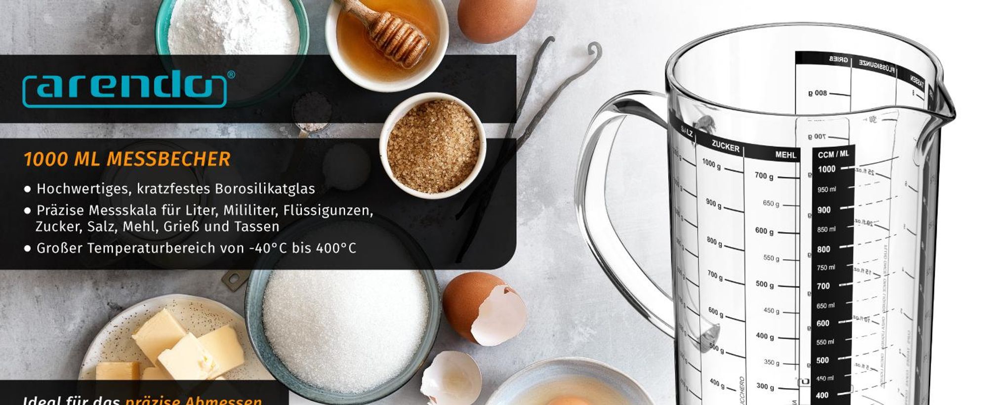 Arendo Messbecher Glas 1000 ml, Übersicht mit Messskala