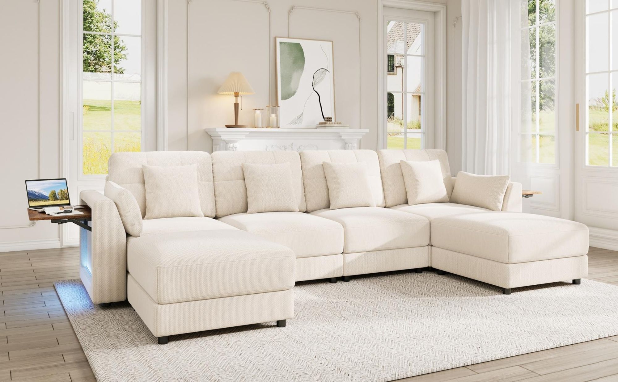 Merax Modulares U-/L Ecksofa, 6-Sitzer mit 2 Hockern, LED Ambientebeleuchtung, Klapptisch Armlehne, Chenille Sofa mit 6 Kissen, Wohnlandschaft, Beige