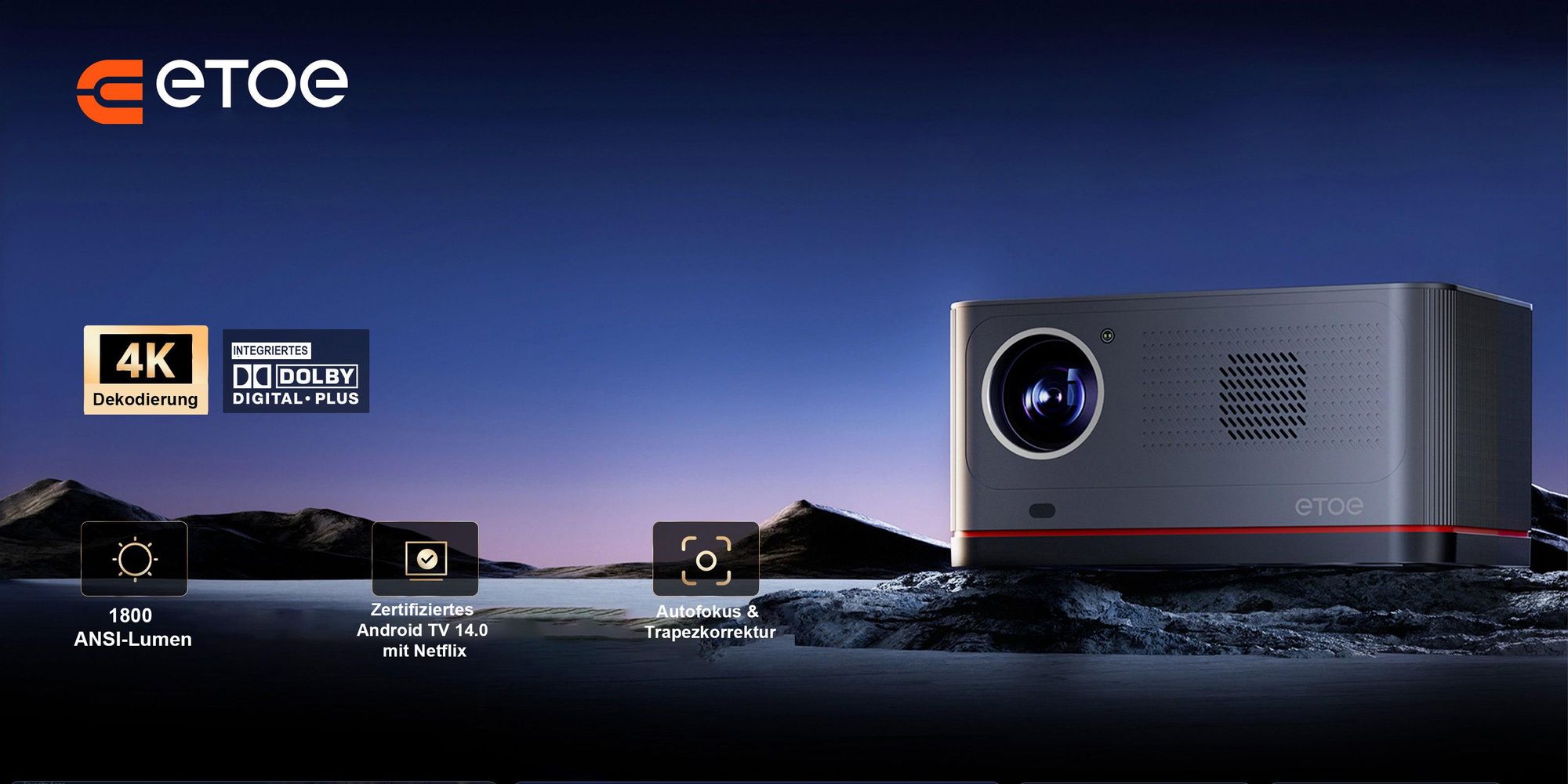 ETOE Whale Pro Beamer: Android TV 14, 1800 ANSI, 1080P, Auto-Fokus, 2.4/5G WiFi, Dolby​