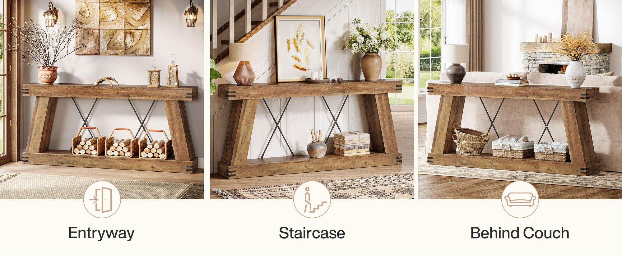 Tribesigns Konsolentisch, 180 cm Konsolentisch im Landhausstil, mit Stauraum, schmale Holzkonsole, für Flur, Eingangsbereich und Wohnzimmer, Braun