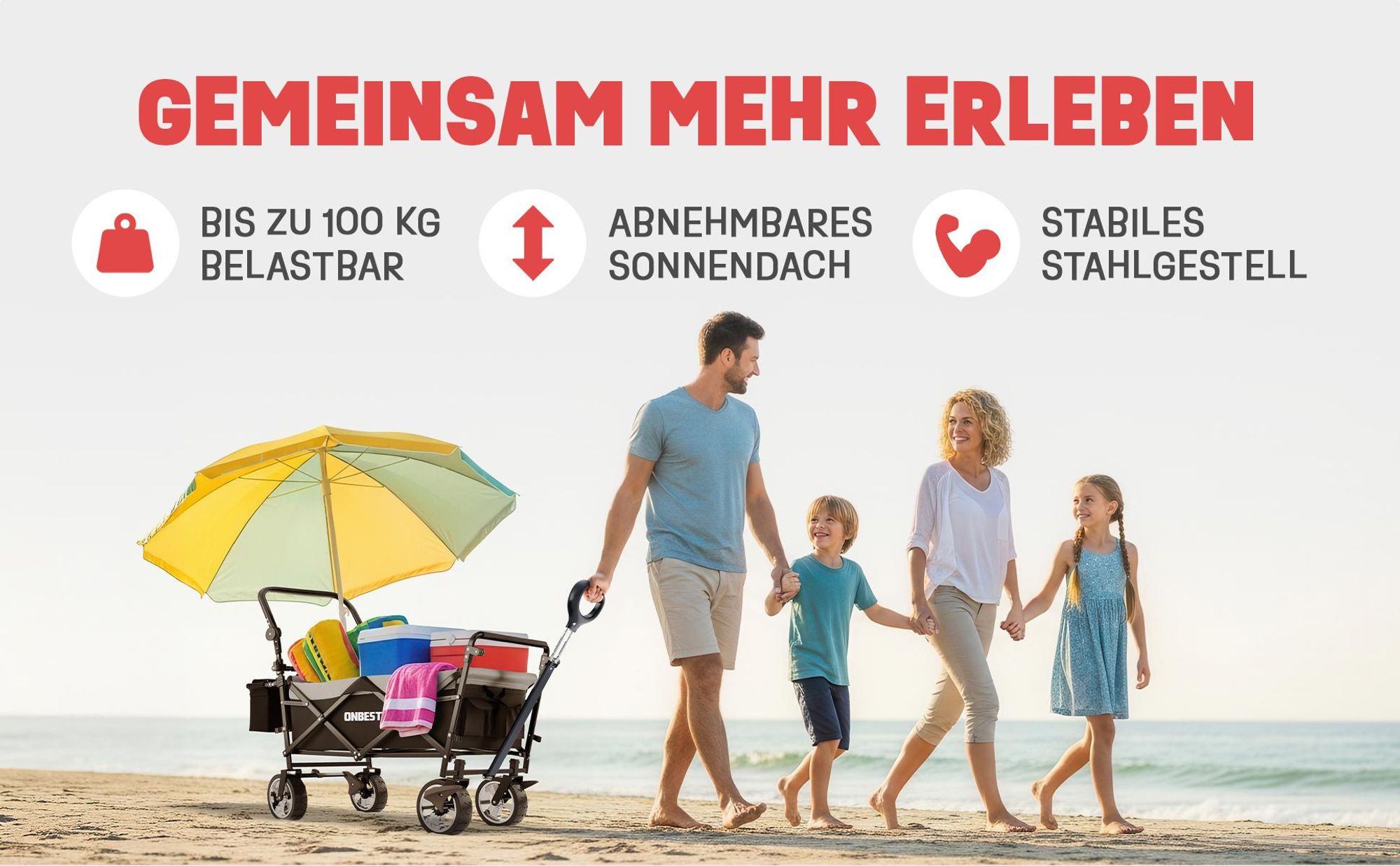 ONBEST Bollerwagen | faltbar | mit Dach | mit Regenschutz | 100 kg | Kühltasche | Wetterfest | UV30+