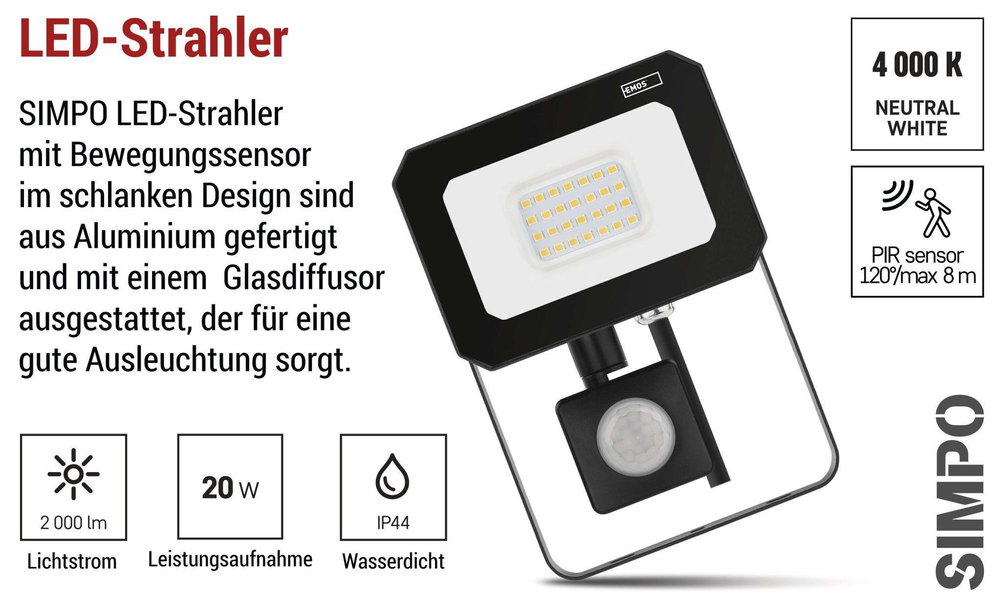 EMOS LED Strahler SIMPO 20 W mit Bewegungsmelder, für Außen, superhell 2000 lm, Neutralweiß 4000 K, Lebensdauer 25000 St., ZS2323