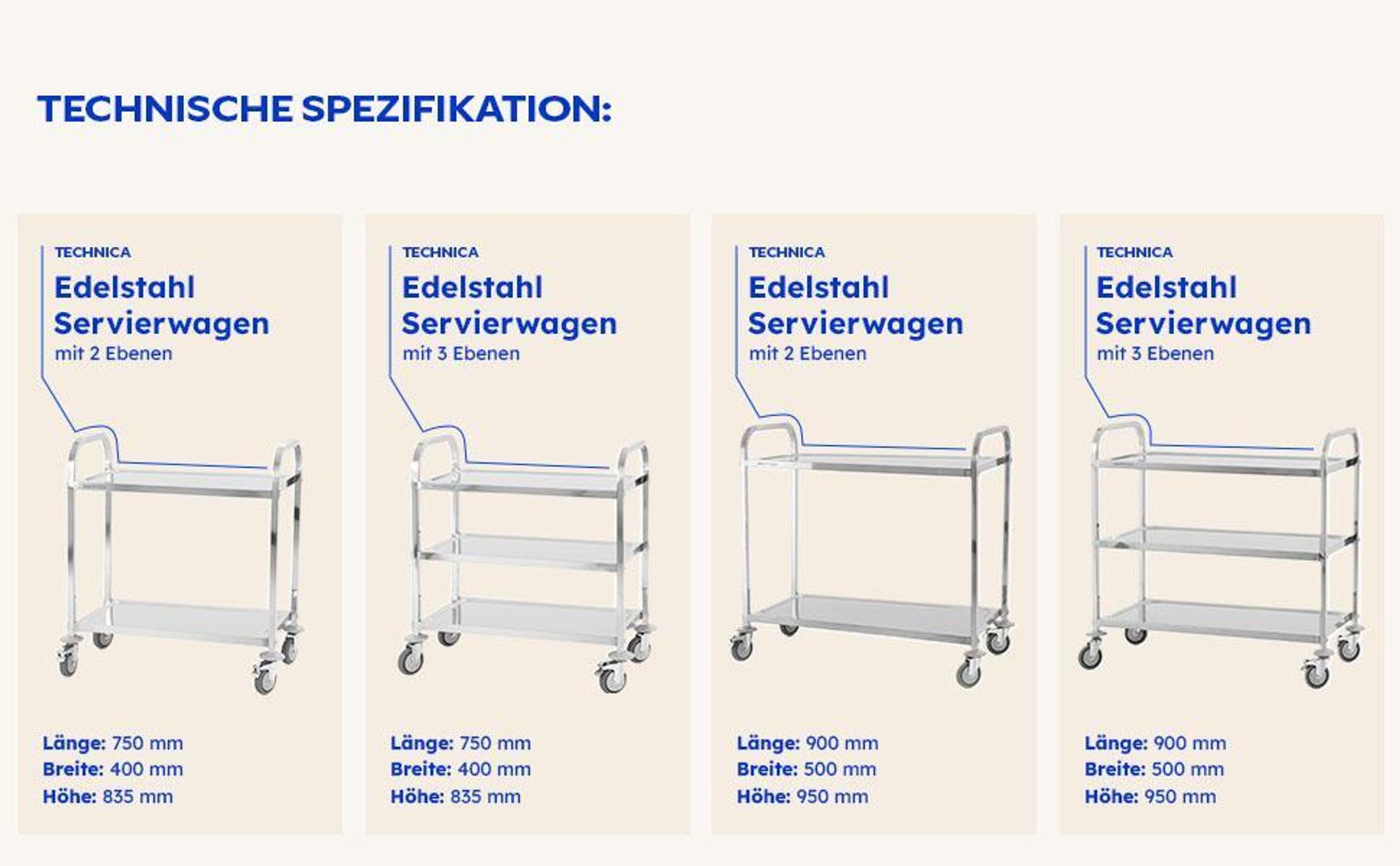 TECHNICA Servierwagen 3-Ebenen Polypropylen | 1020×500×950 mm | Gastronomie Wagen | Küchenwagen