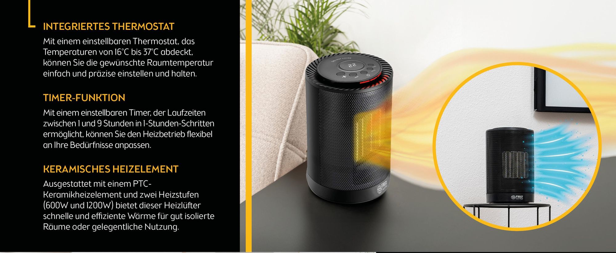 TZS First Austria Heizlüfter energiesparend | Kleiner & leiser Heizstrahler mit Keramik Heizelement | Heizgerät mit Oszillation | Elektroheizung 600-1200 Watt, Timer, Thermostat, Umkippschutz, schwarz