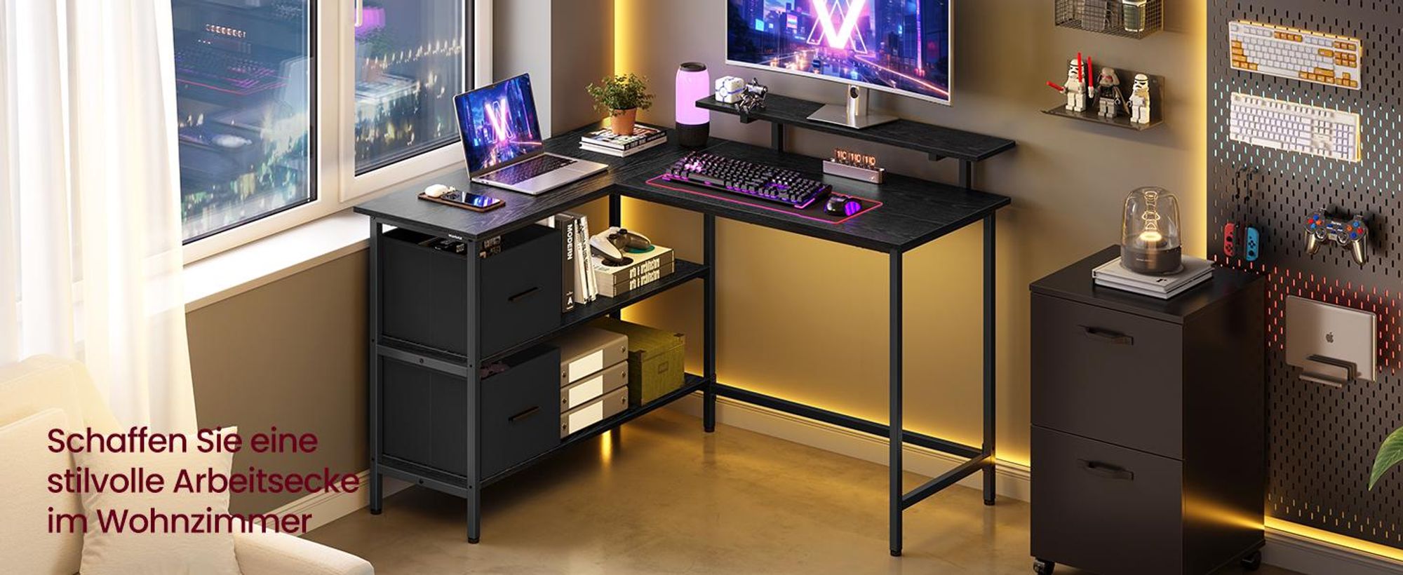 VASAGLE L-förmige Schreibtisch Eckschreibtisch Computertisch mit Schubladen 115cm schwarz