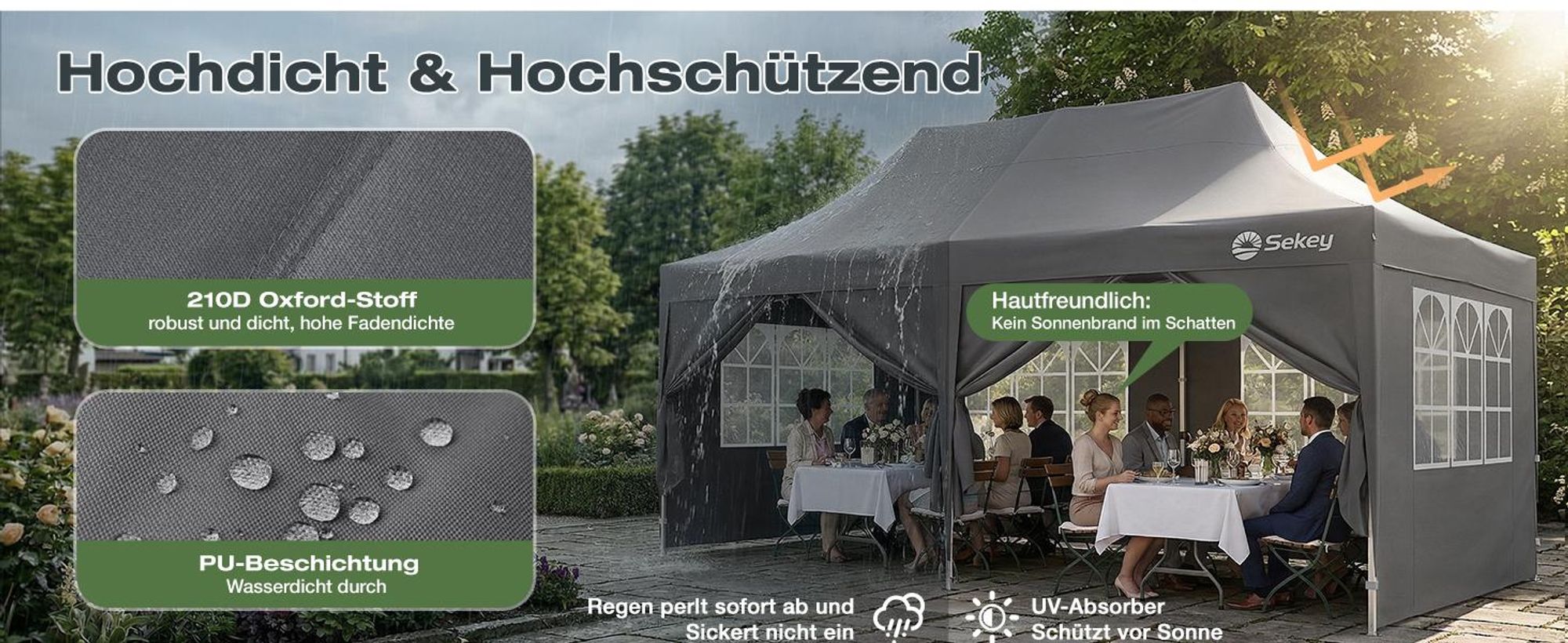 Sekey Faltpavillon 3x6 Wasserdicht mit 6 Seitenwänden, UV50+ Gartenpavillon Partyzelt, Grau