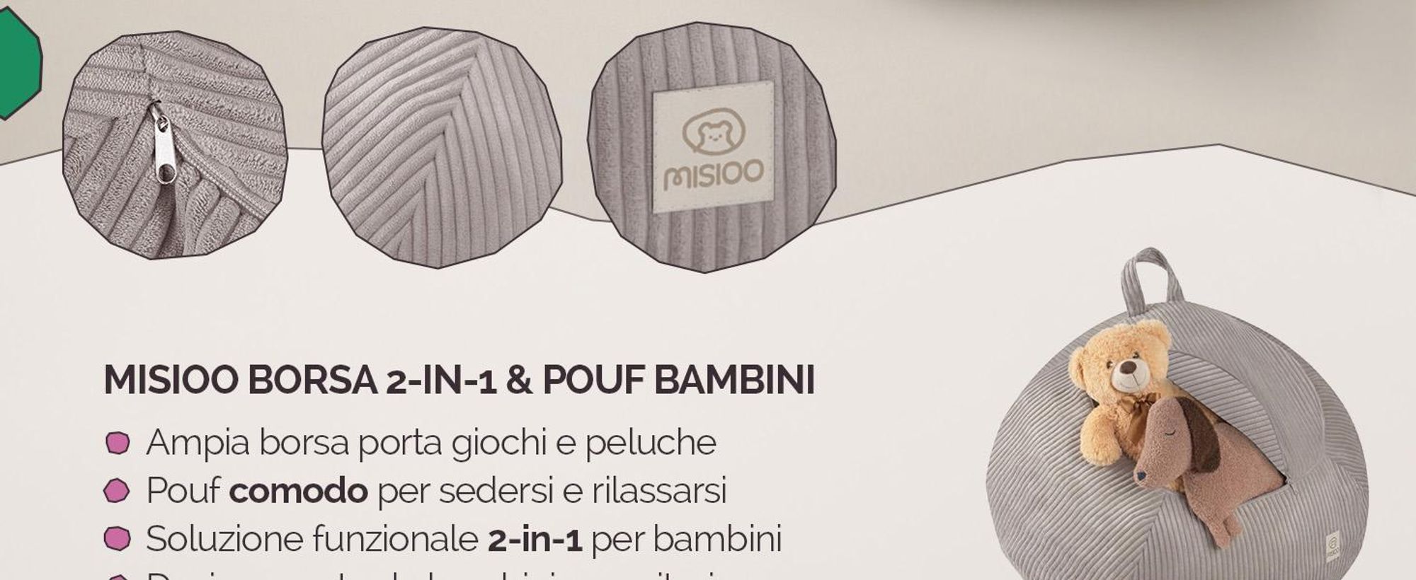 MISIOO Copripouf per bambini per peluche – Contenitore per giocattoli e pouf tutto in uno – Tessuto in velluto a coste, lavabile, con cerniera