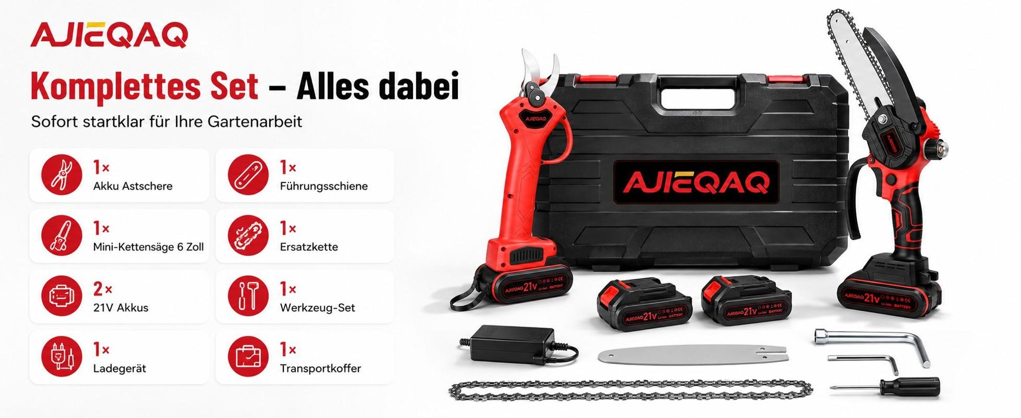 AJIEQAQ Akku Astschere Set 2-in-1, 21V Brushless Gartenschere mit Mini Akku Kettensäge 6 Zoll, 25mm SK5 Klinge, 2×1500mAh Akkus, Koffer