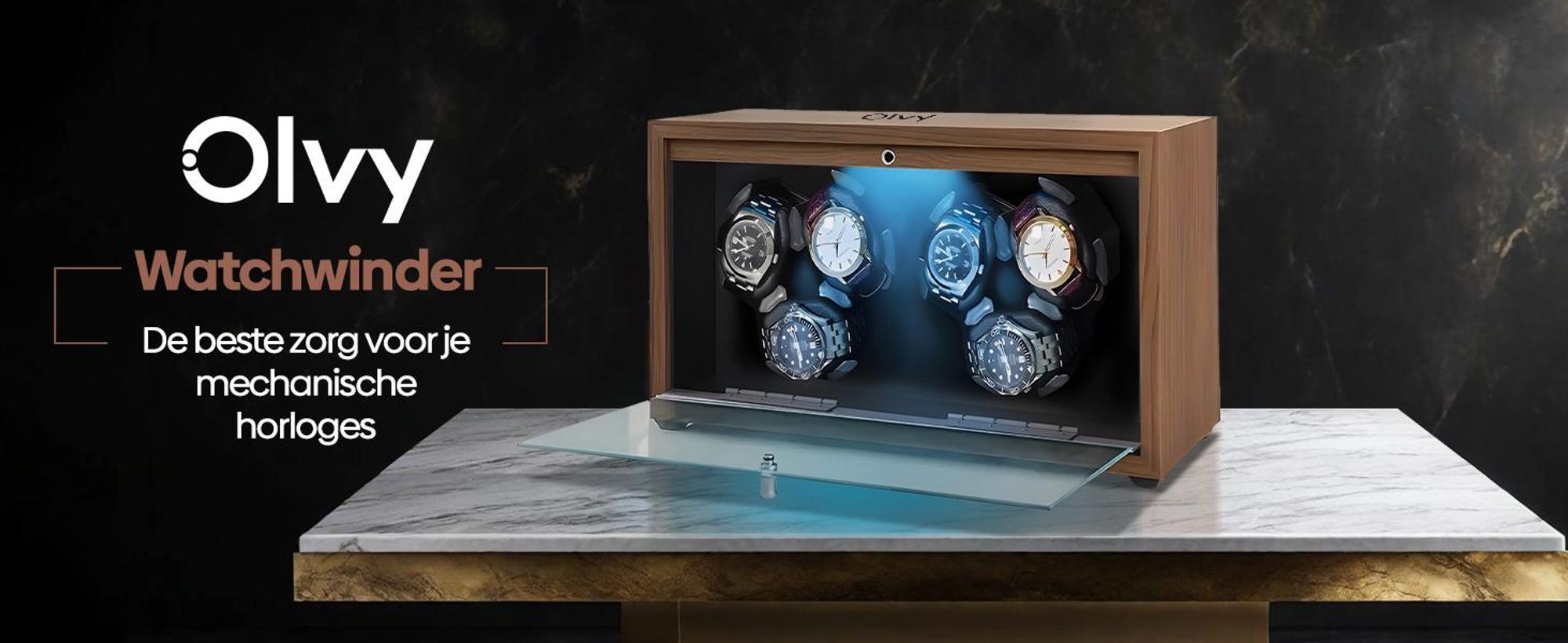 Olvy horlogewinder voor 6 horloges, met LED-verlichting, horlogewinderkast van hout, extreem stille Mabuchi-motor, flexibele horlogebakjes, horlogewinder