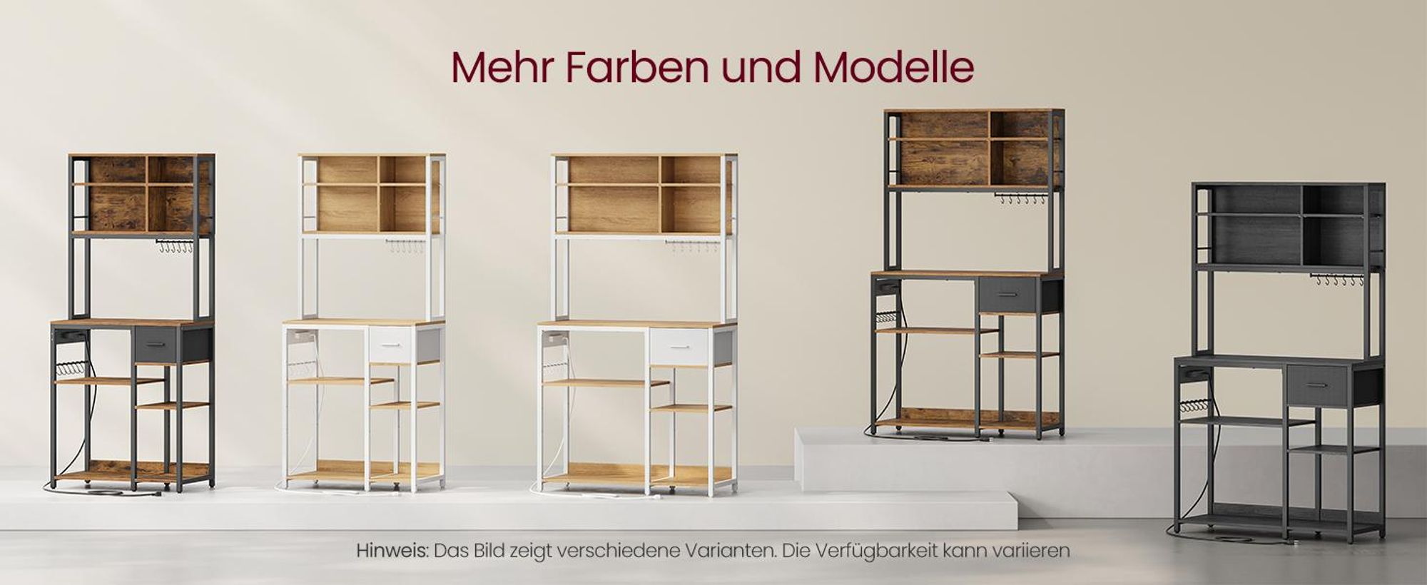VASAGLE Küchenregal mit Steckdosen, Standregal, Mikrowellen-Regal, verstellbare Ablagen, Stoffschublade, 12 Haken, 40 x 100 x 180,4 cm, für Mikrowelle