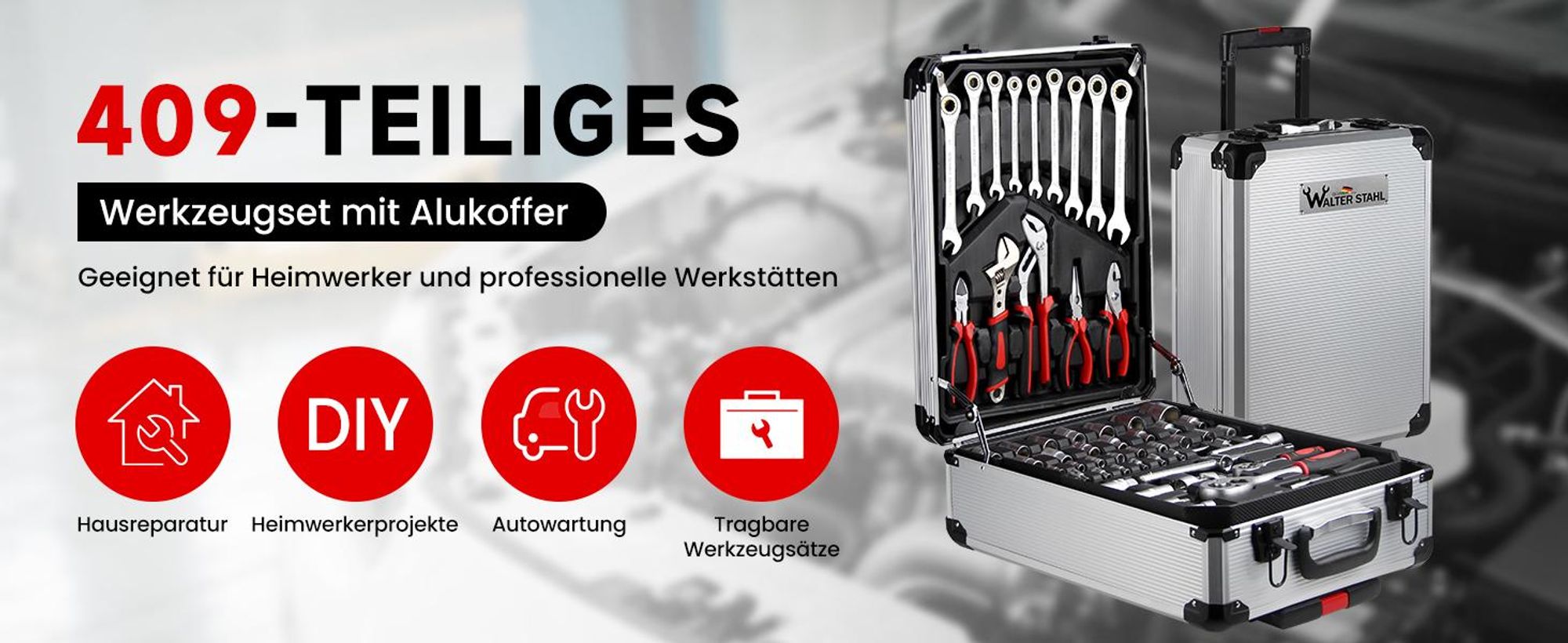 WALTER STAHL Werkzeugkoffer gefüllt 409 tlg | Werkzeugkasten | Aluminiumkoffer | Werkzeug Set | für Werkstatt und Haushalt