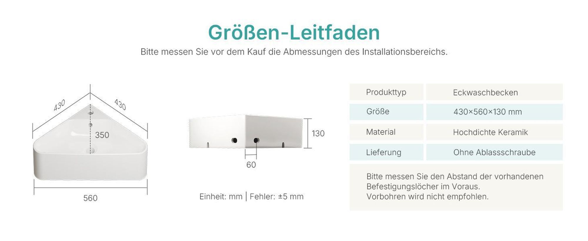 EMKE Eckwaschbecken Wandmontage Keramik 560x340mm Weiß Glänzend Dreieckig Wandwaschbecken mit Überlauf & Armaturloch für Gäste-WC & kleine Badezimmer
