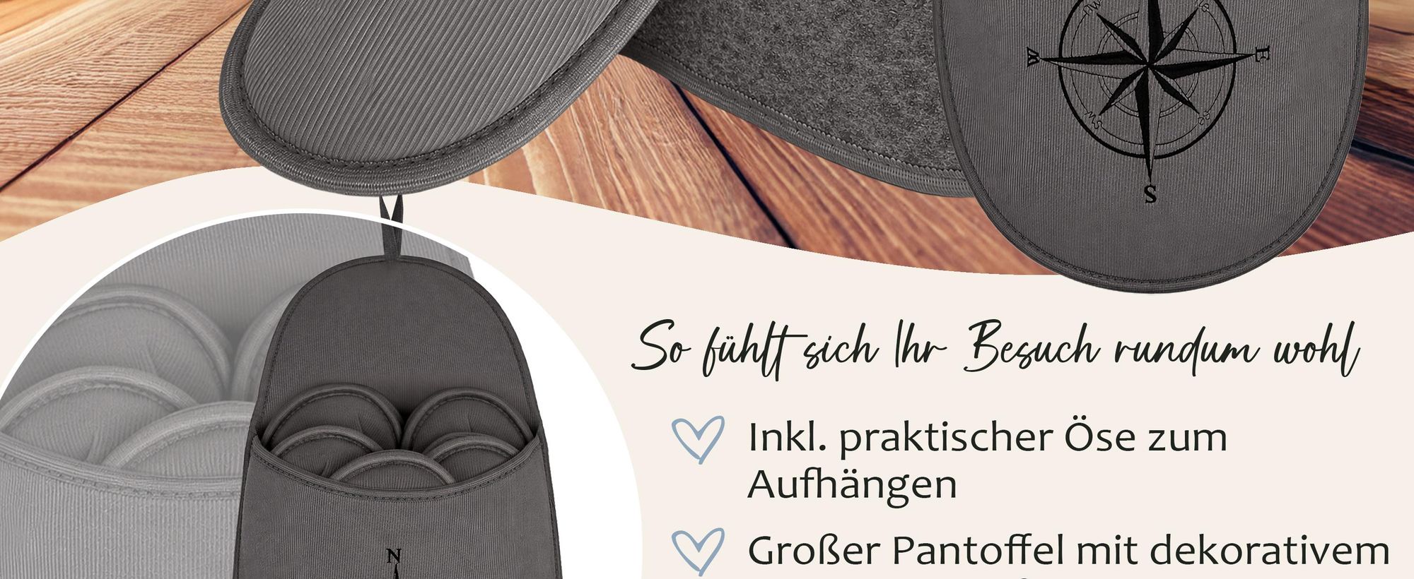 ONVAYA® Premium Gästehausschuhe Set Kompass | Waschbare Gästepantoffeln Rutschfest & Komfortabel | 5 Paar stilvolle Hausschuhe für Gäste Guest Slipper