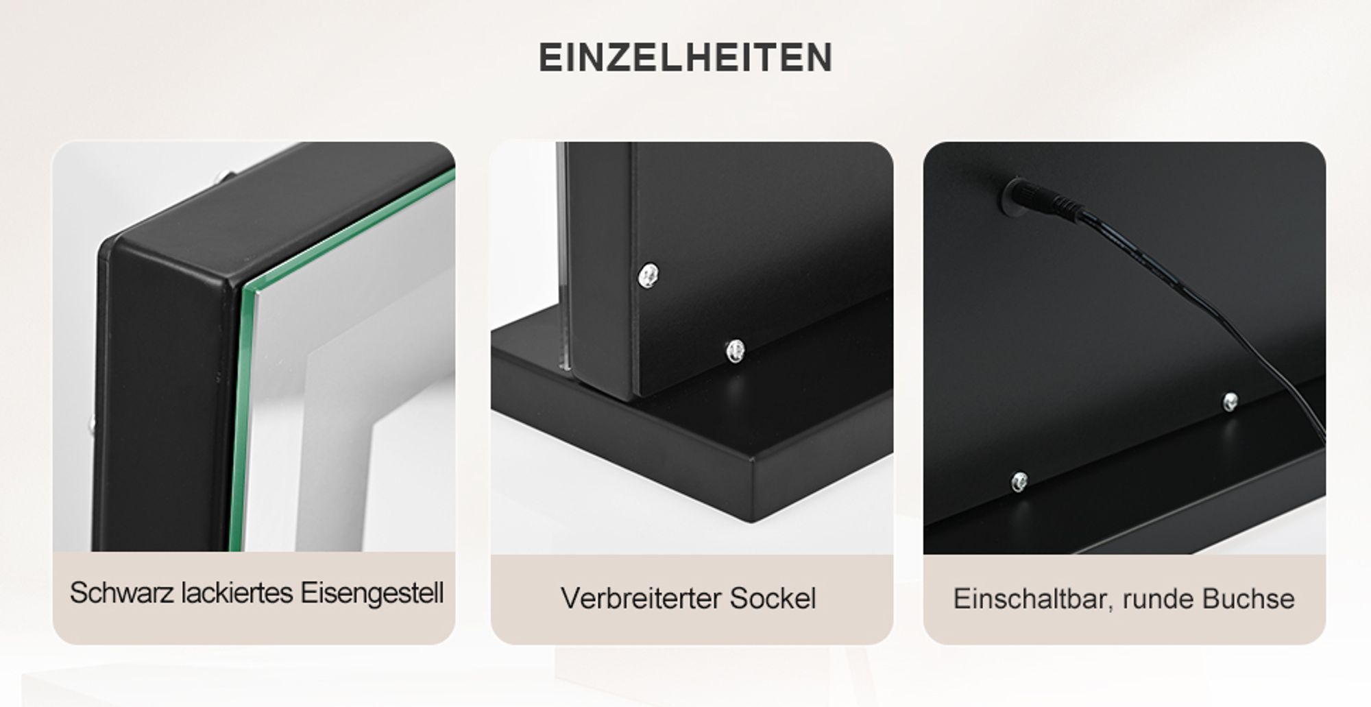 Heilmetz Hollywood Kosmetikspiegel mit Beleuchtung 50x42 cm , LED Schminkspiegel, 3 Lichtfarben, Tischspiegel für Make-up, ohne Montage, Schwarz