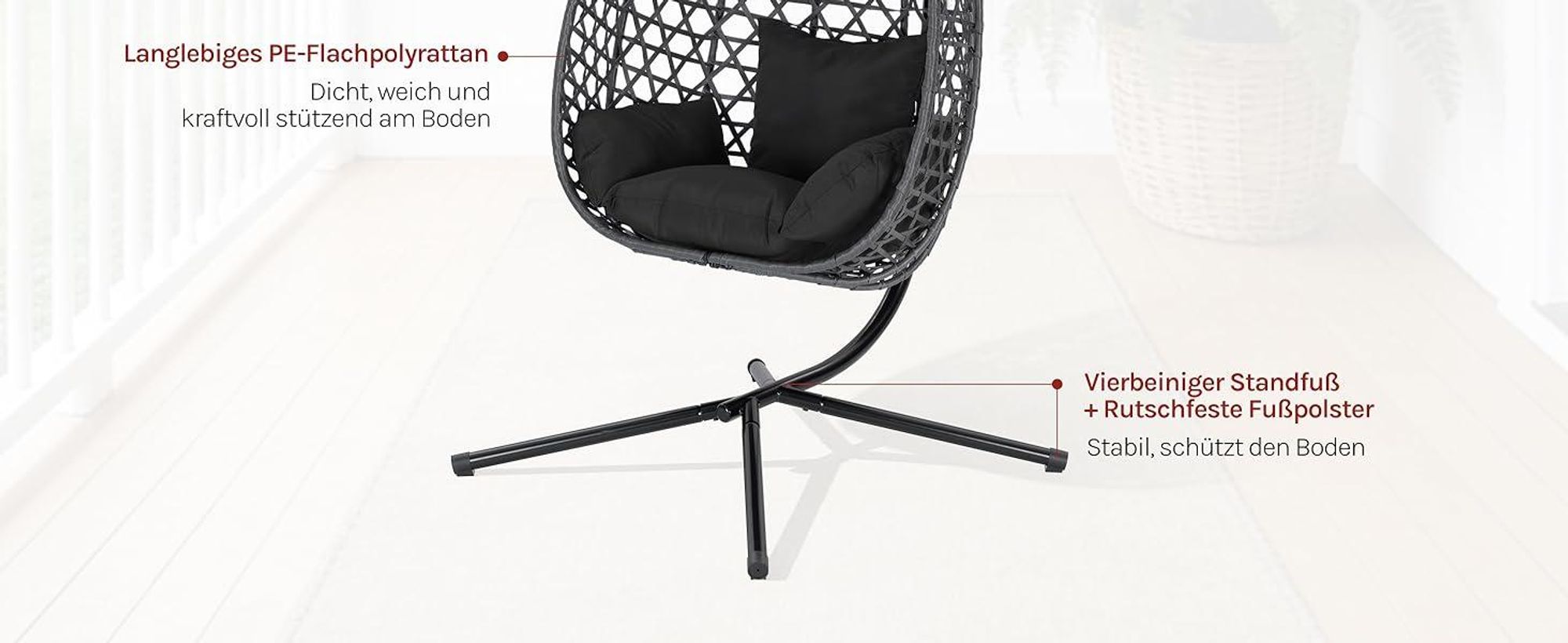 WOLTU Hängesessel mit Gestell bis 150 kg belastbar PE-Rattan, Schwarz