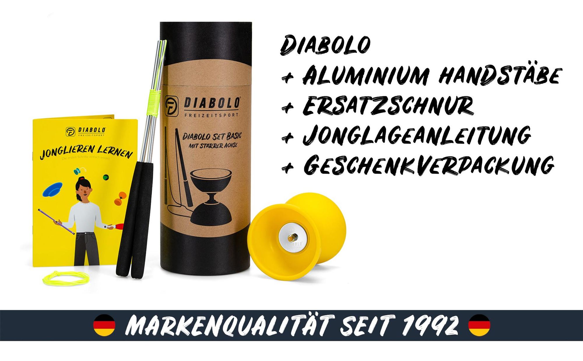 Diabolo Freizeit  Satz Basic mit Kugellagerachse | LED in turkis gelb farbe|Set mit robuster Konstruktion für Anfänger und Fortgeschrittene |